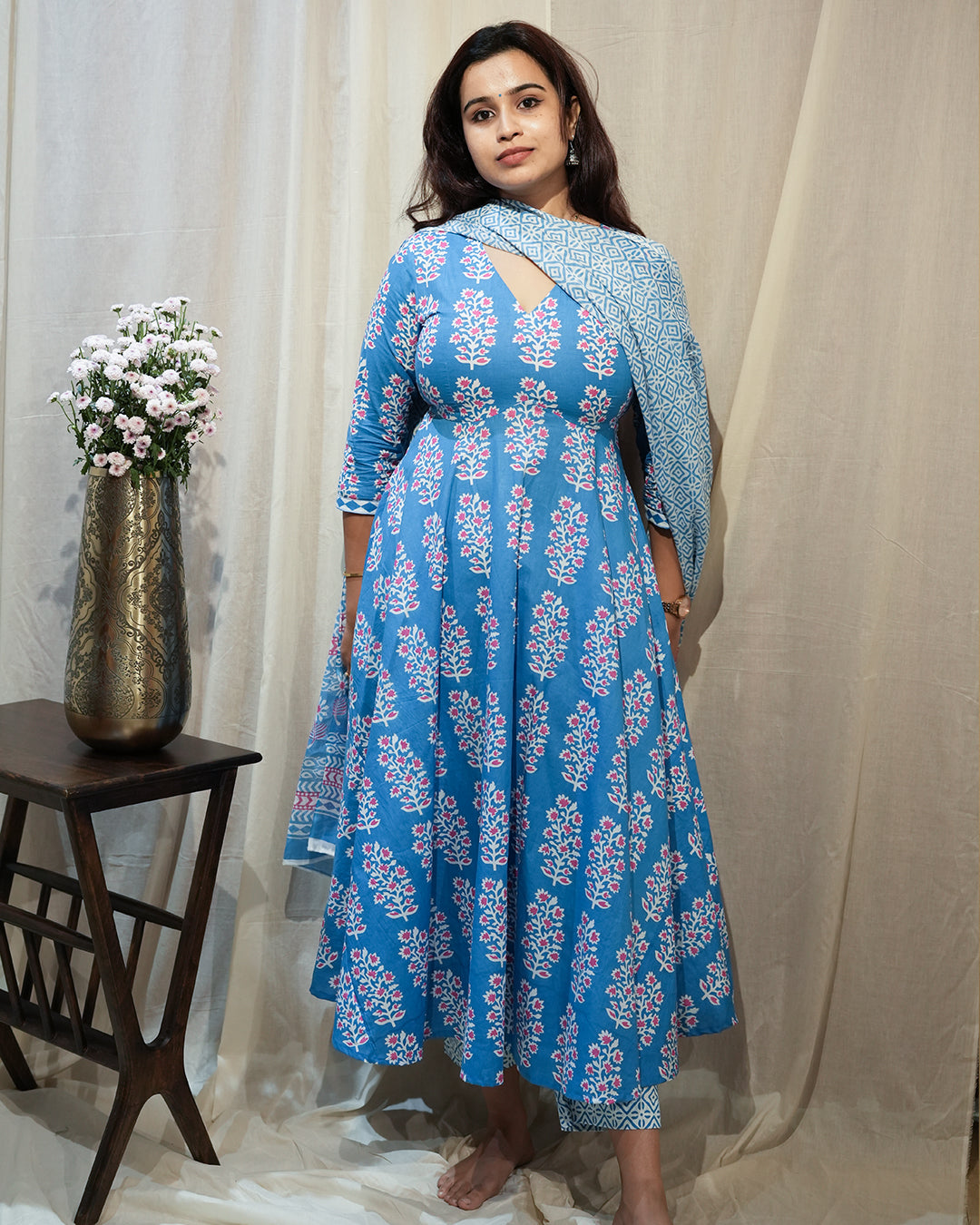 Blue Floral Anarkali Kurta Set with Dupatta