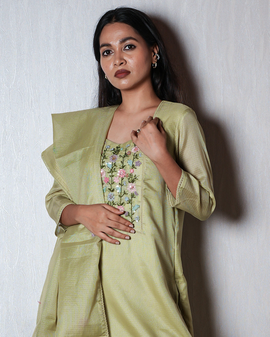 Light Pistachio Green Floral Yoke Suit Set