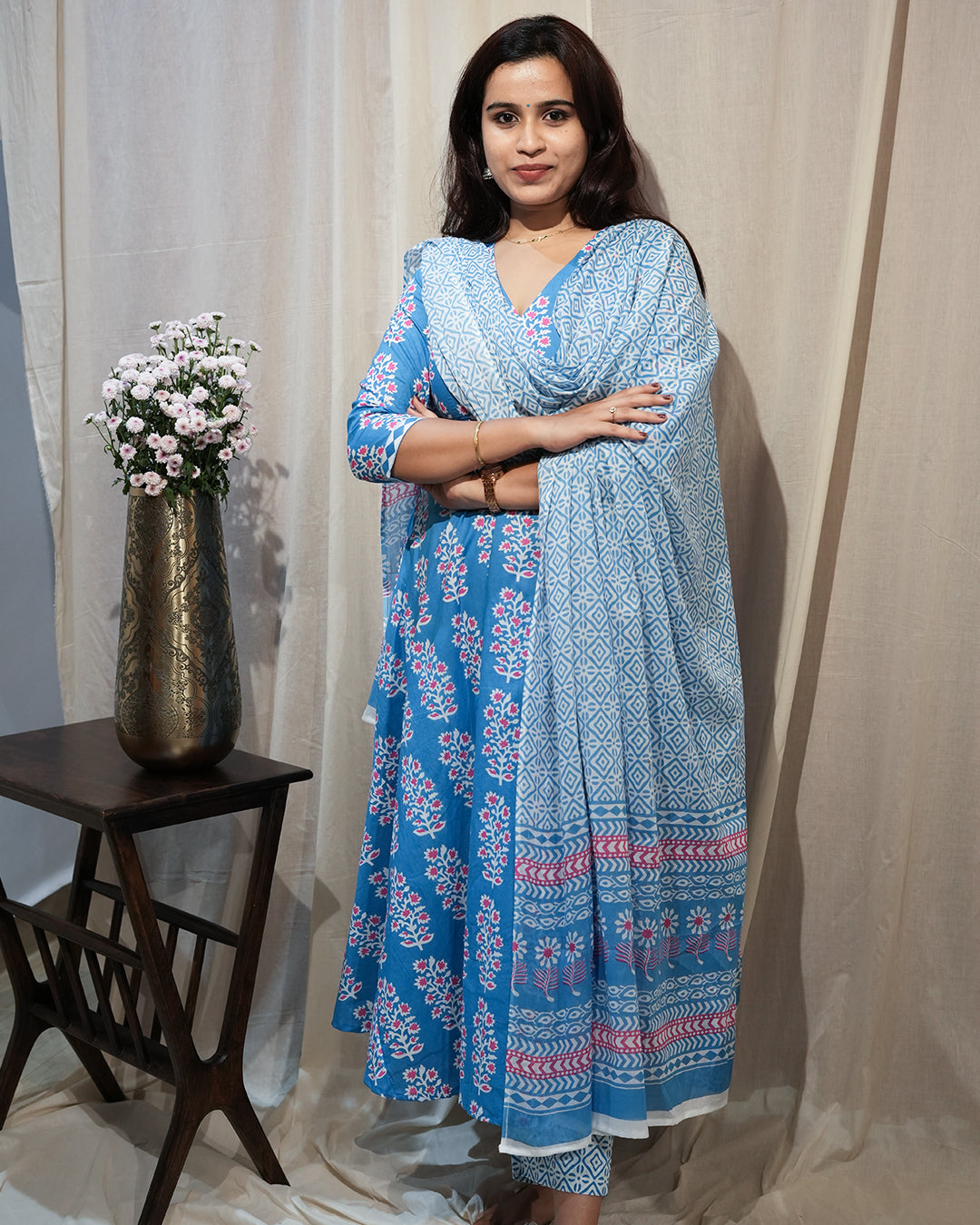 Blue Floral Anarkali Kurta Set with Dupatta