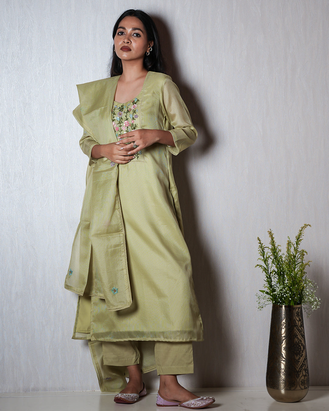 Light Pistachio Green Floral Yoke Suit Set