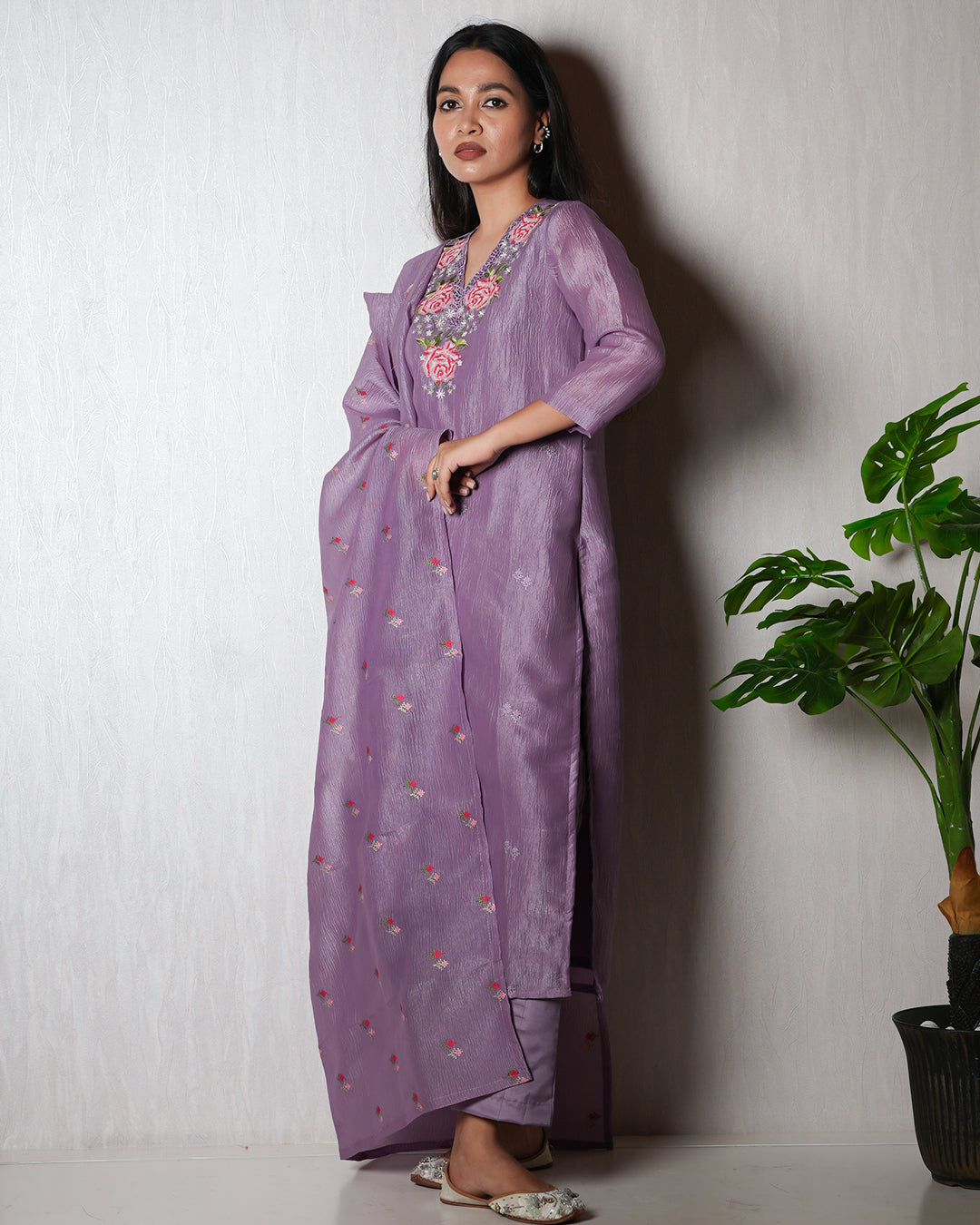 Lavender Silk-Blend Embroidered Suit Set