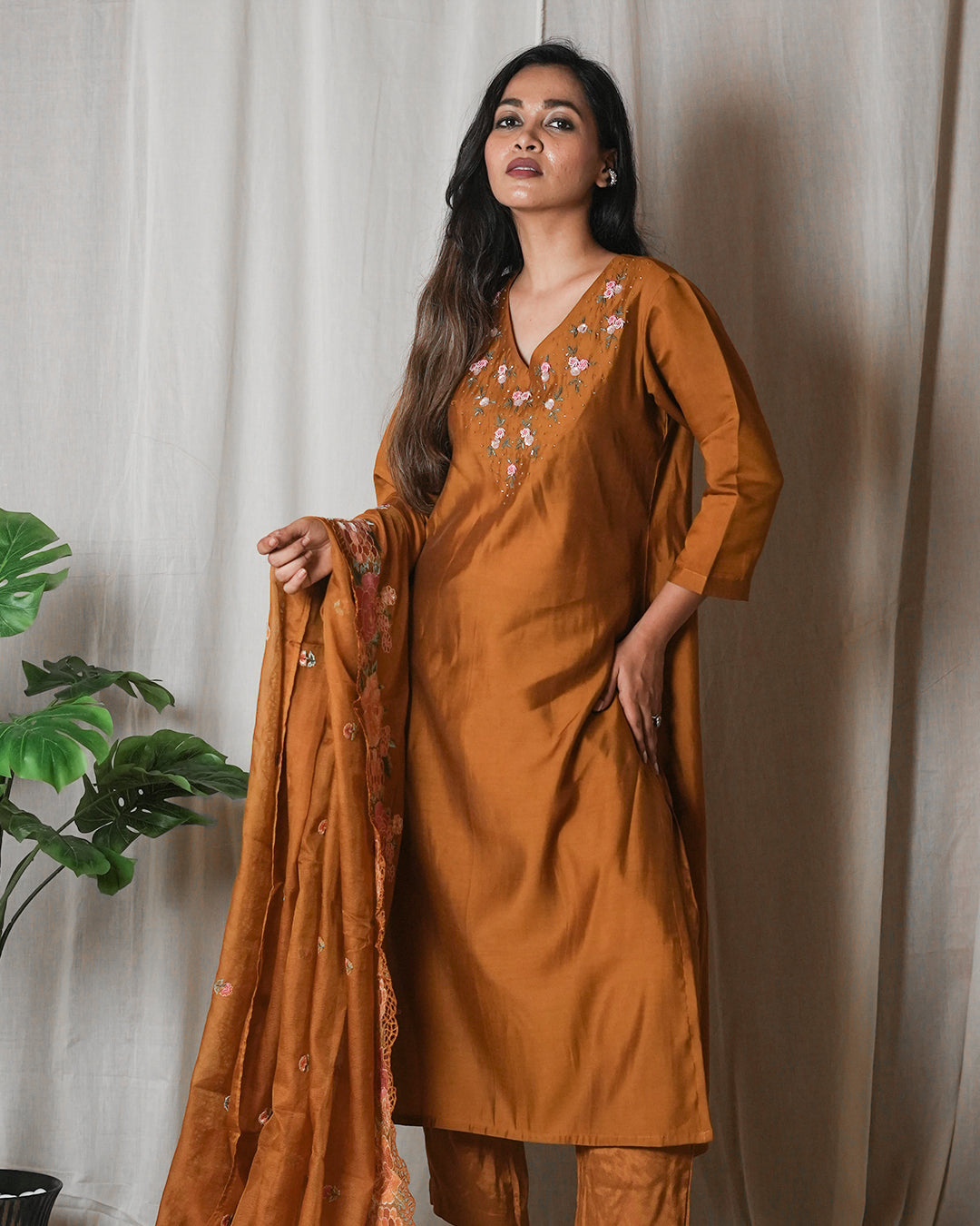 Rust Brown Floral-Embroidered Suit Set