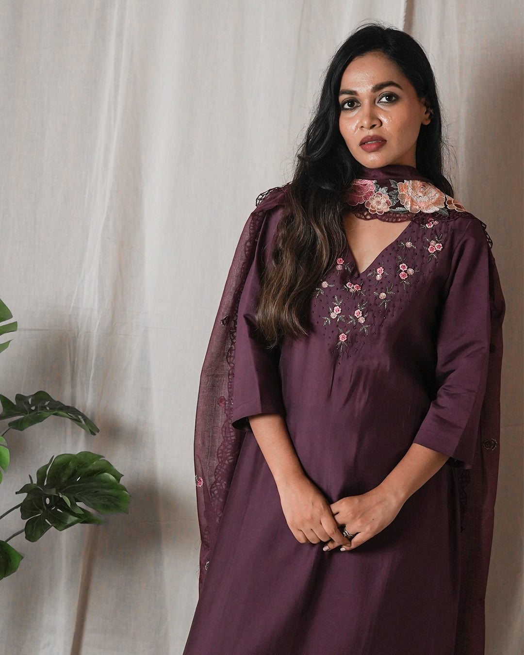 Plum Embroidered Suit Set