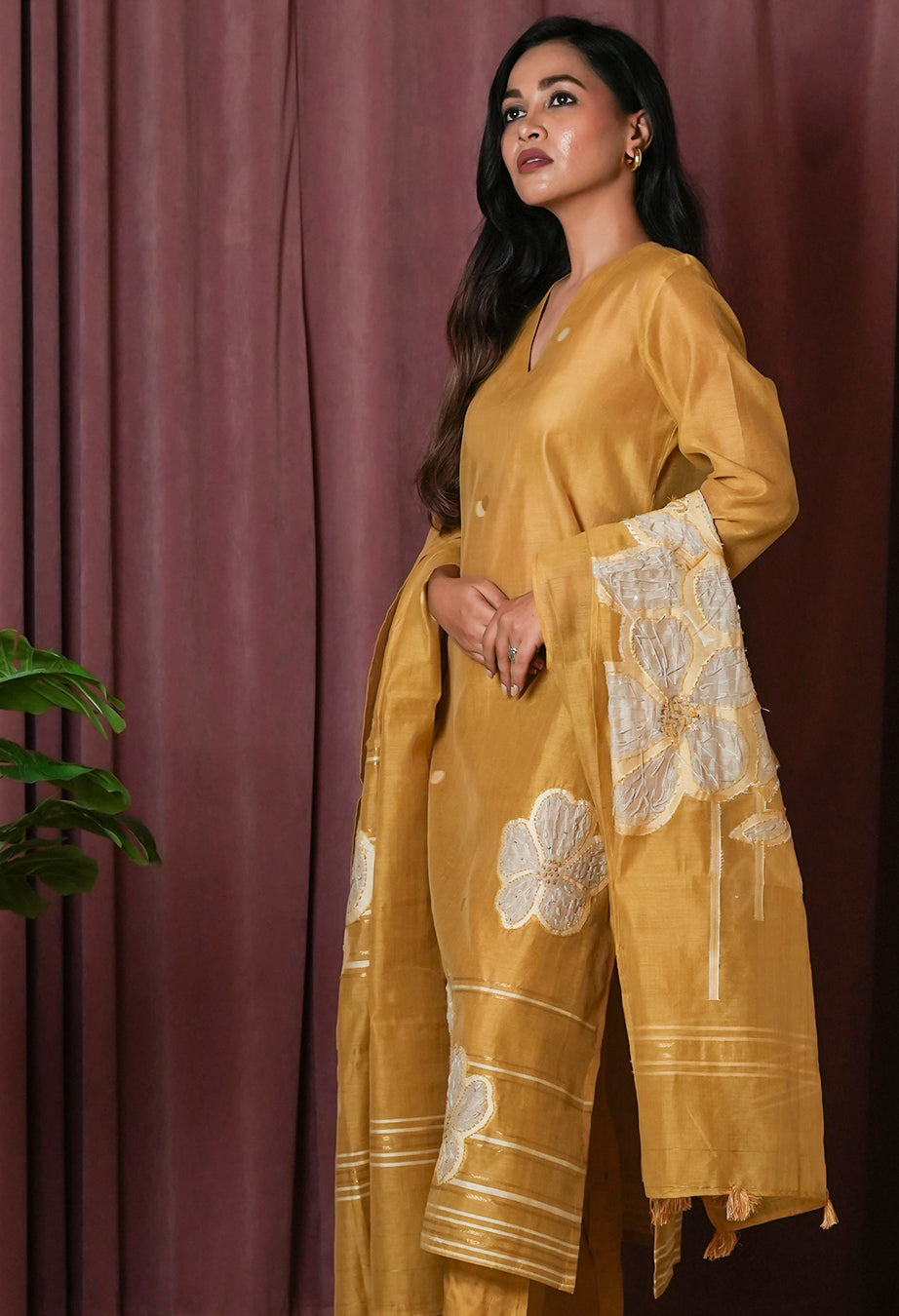 Mustard Yellow Thread-Embroidered Suit Set