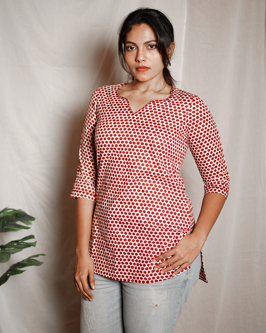 Red Polka Printed Short Kurta