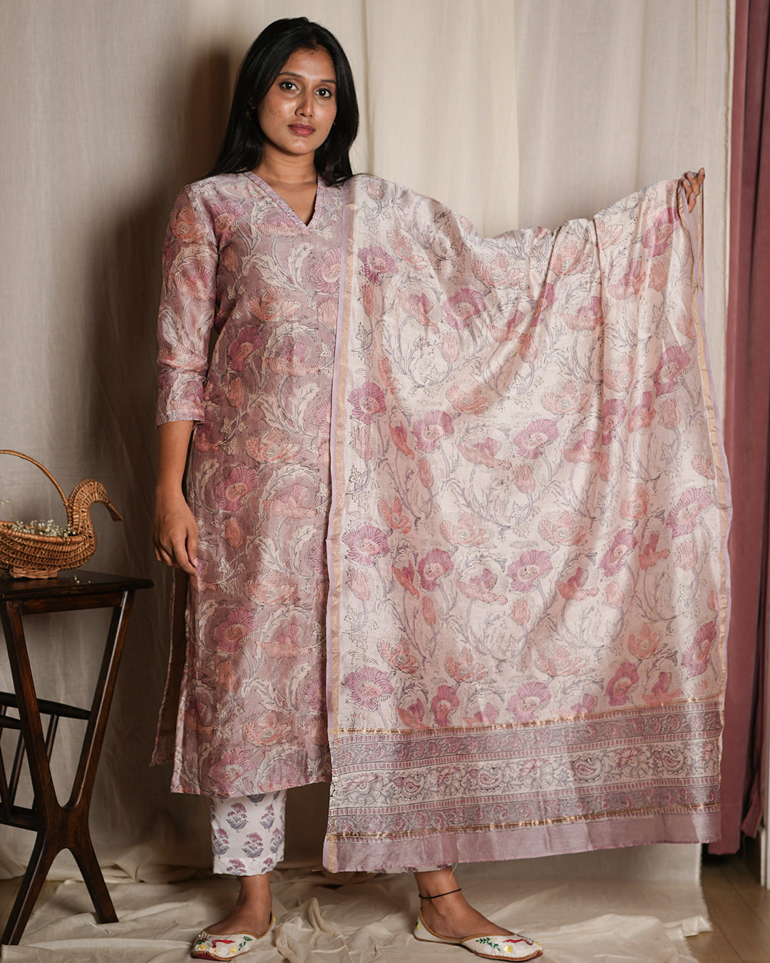 Soft Pink Floral Printed Kurta Set with Dupatta