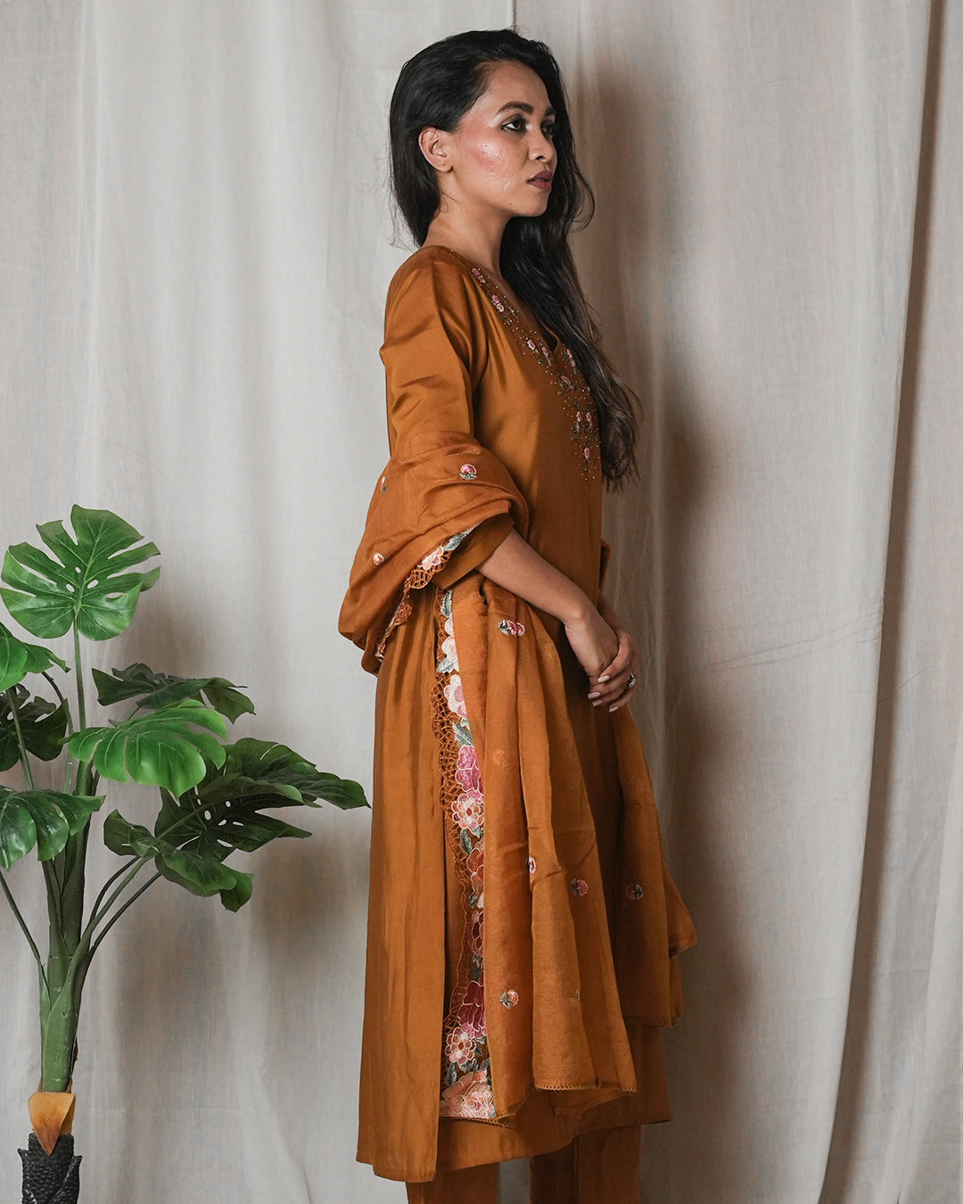 Rust Brown Floral-Embroidered Suit Set