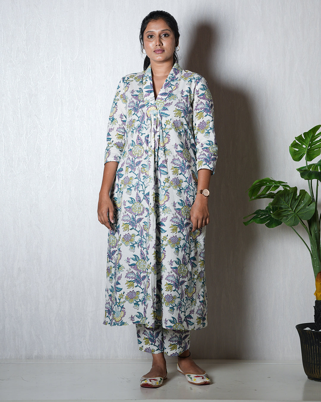 White Floral Hand block Kurta Set