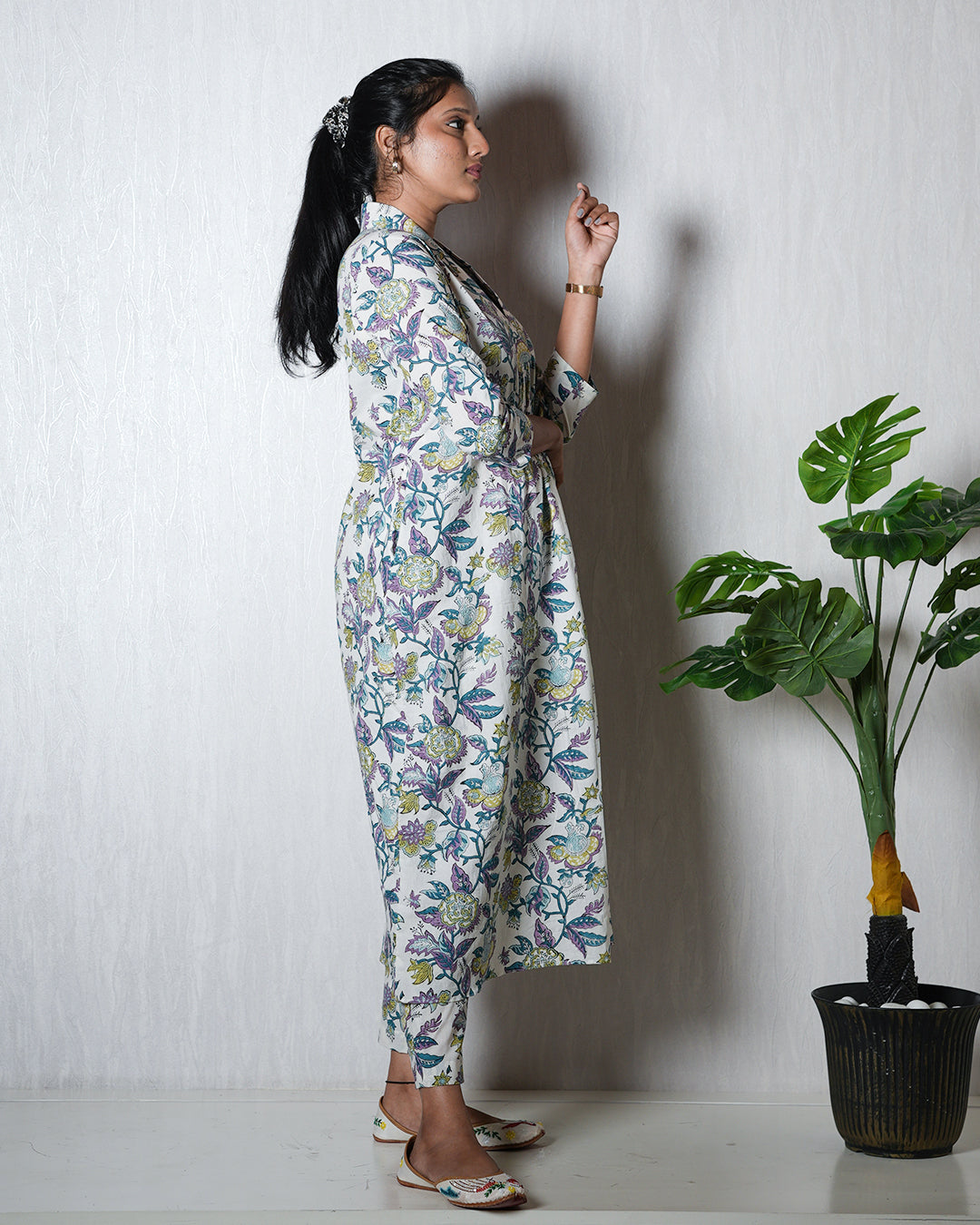 White Floral Hand block Kurta Set