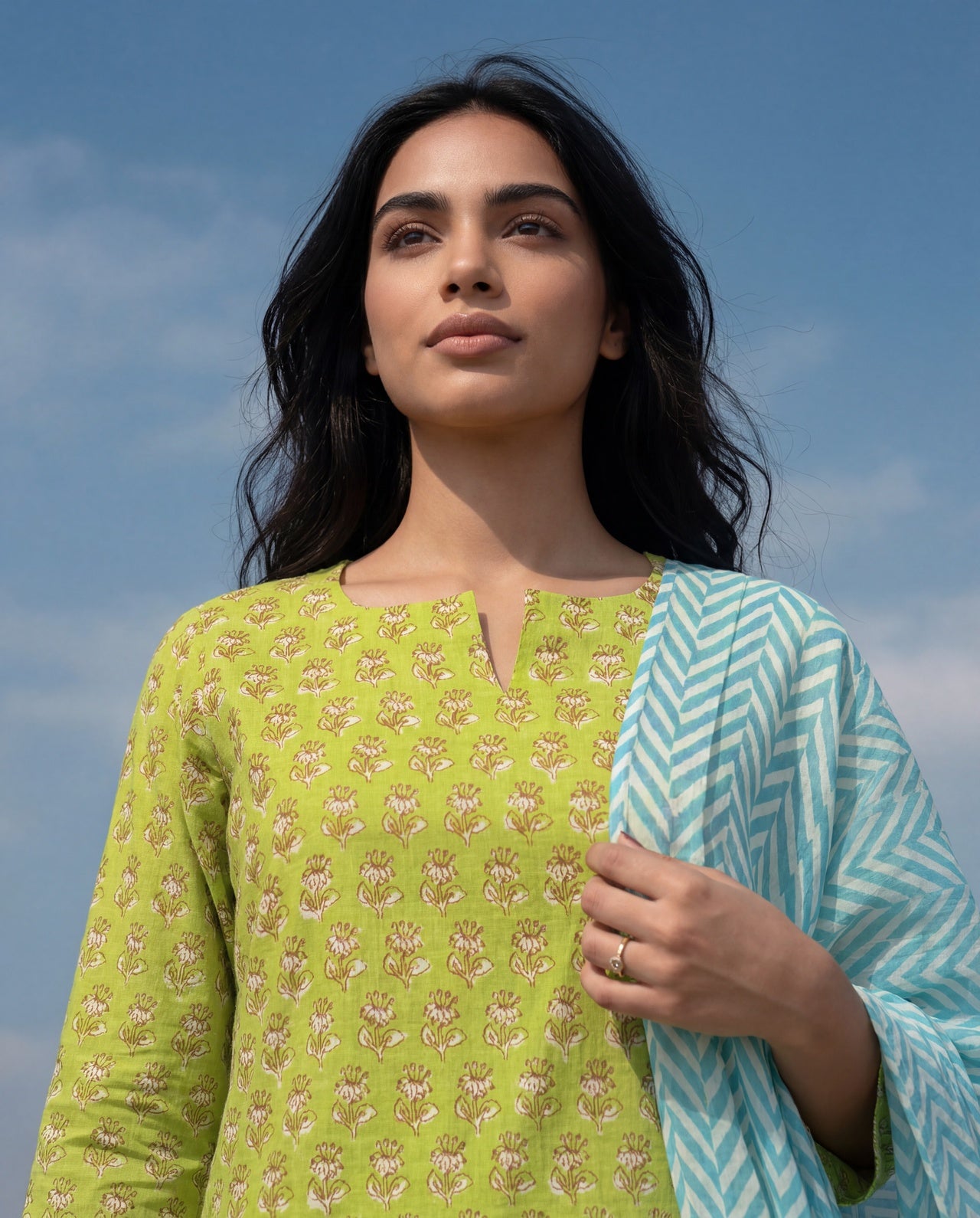 Lime Green Printed Kurta Set with Sky Blue Dupatta