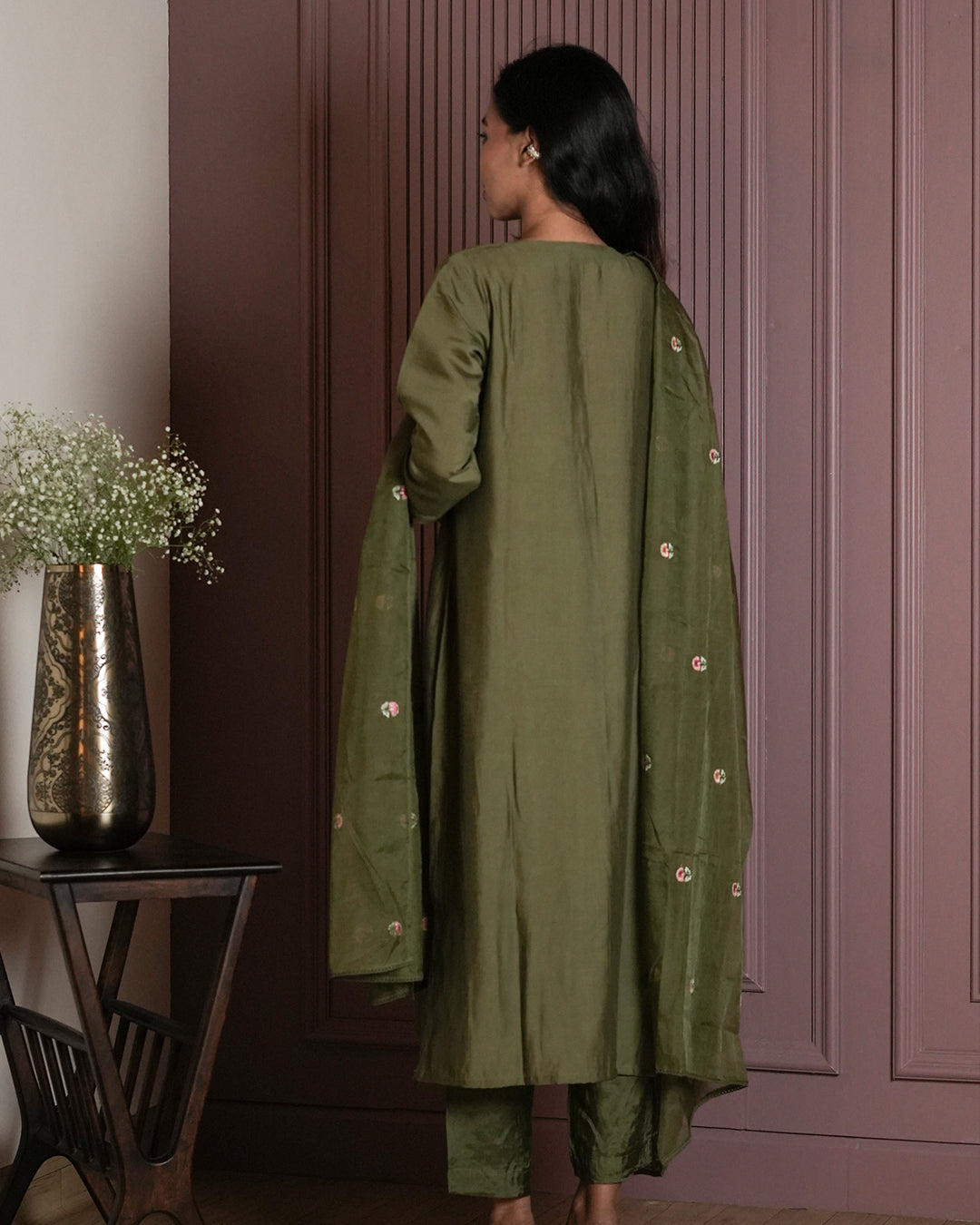 Olive Green Floral Embroidered Suit Set