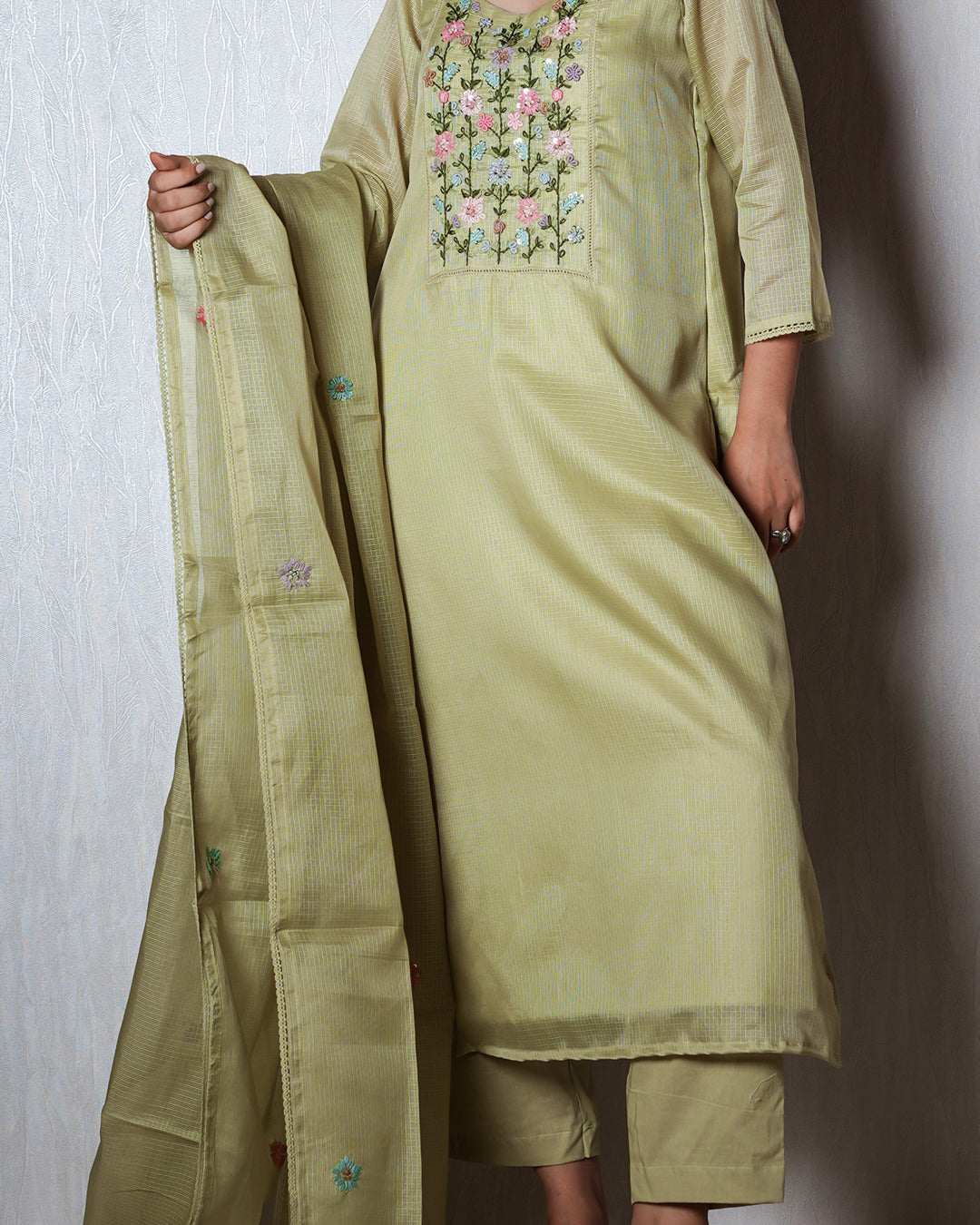 Light Pistachio Green Floral Yoke Suit Set