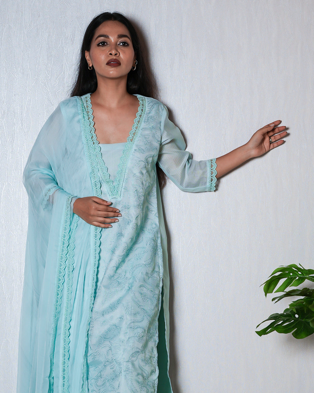 Powder Blue Chikankari-Style Suit Set