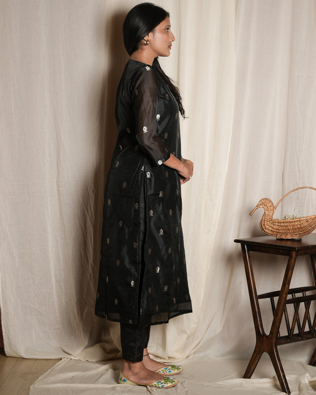 Black Handblock-Style Printed Banaras chanderi set