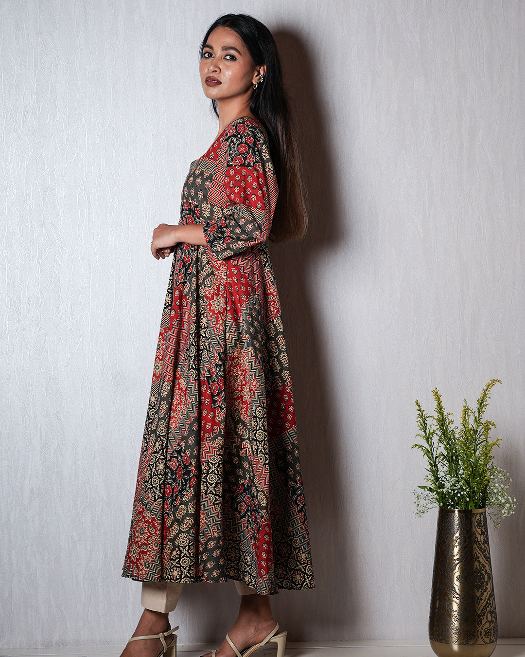 Black & Red Patch-Print Anarkali Kurta