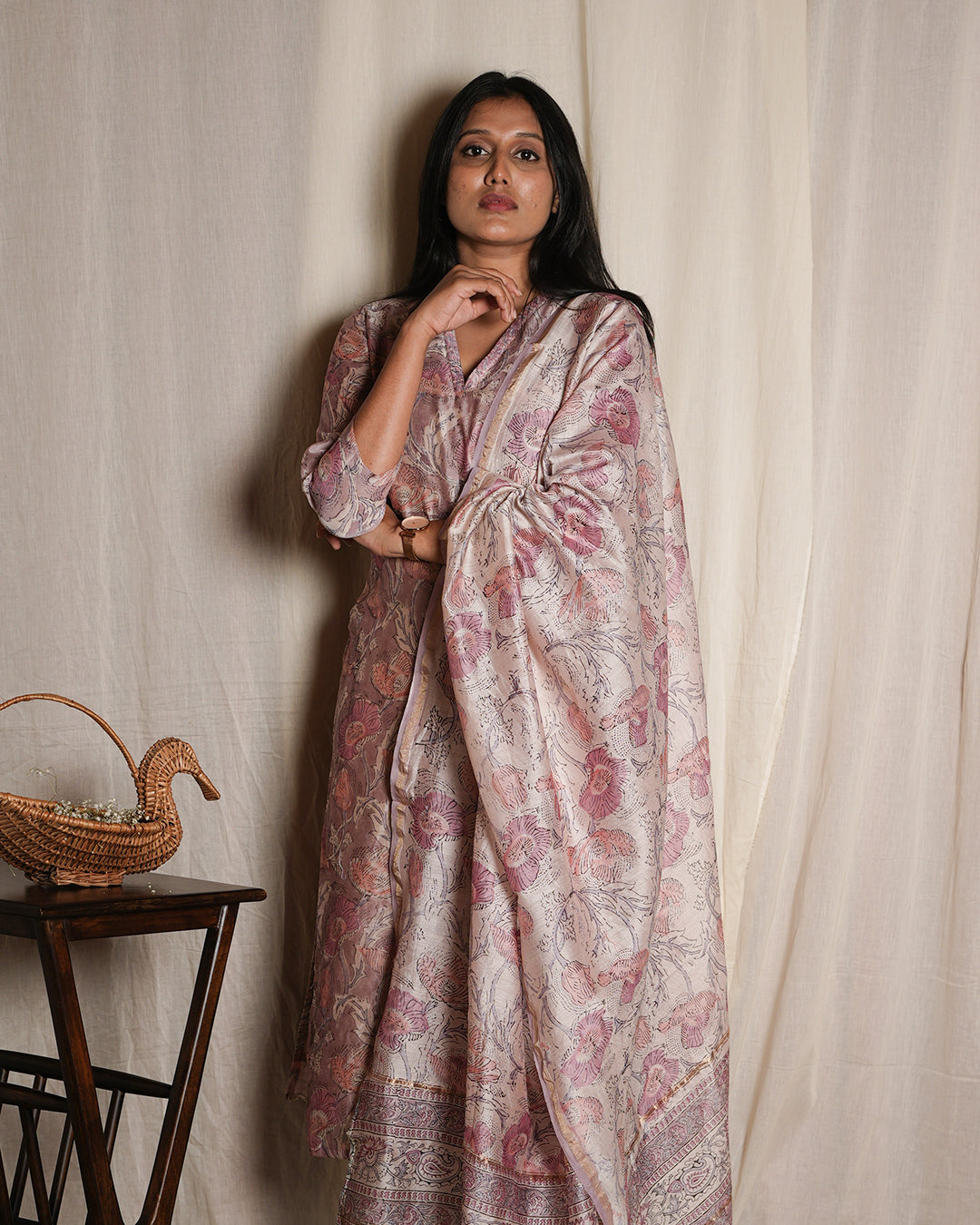Soft Pink Floral Printed Kurta Set with Dupatta