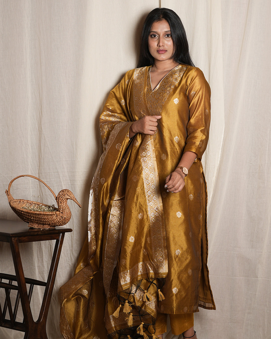 Mustard Gold Woven Ethnic Banaras chanderi Set