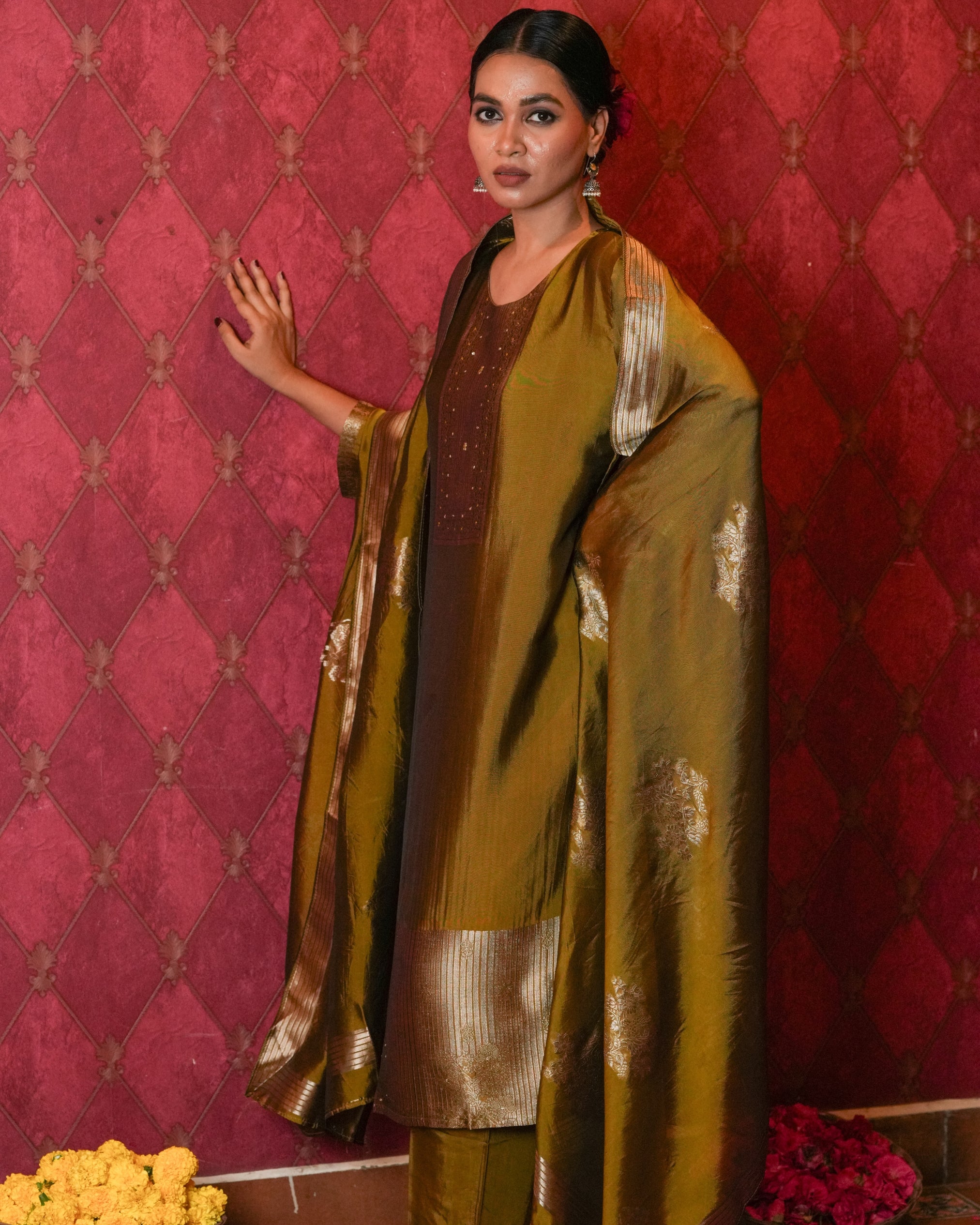 Festive charm with this vibrant golden ethnic set