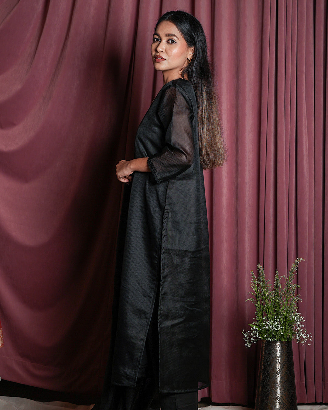 Black Floral-Embroidered Yoke Suit Set