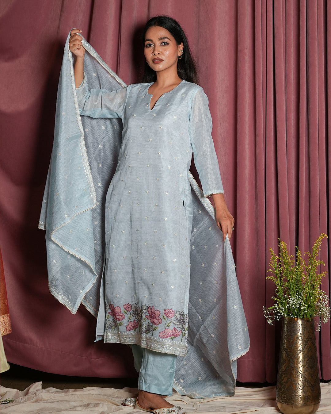 Ice Blue Chanderi Embroidered Suit Set