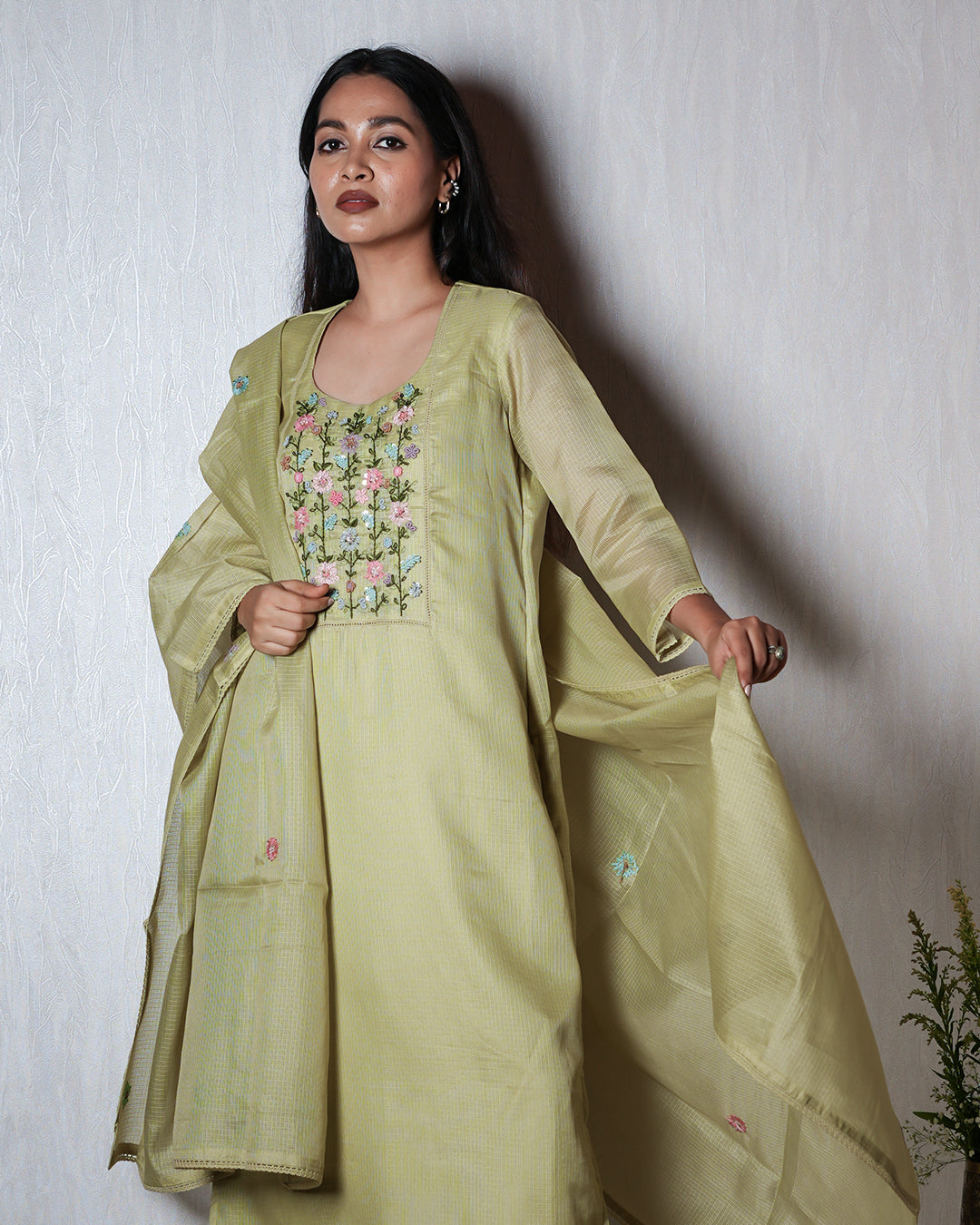 Light Pistachio Green Floral Yoke Suit Set