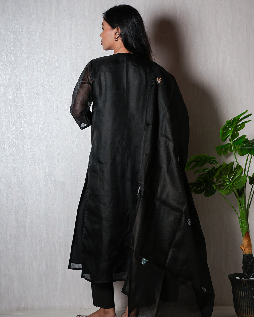 Black Floral-Embroidered Yoke Suit Set
