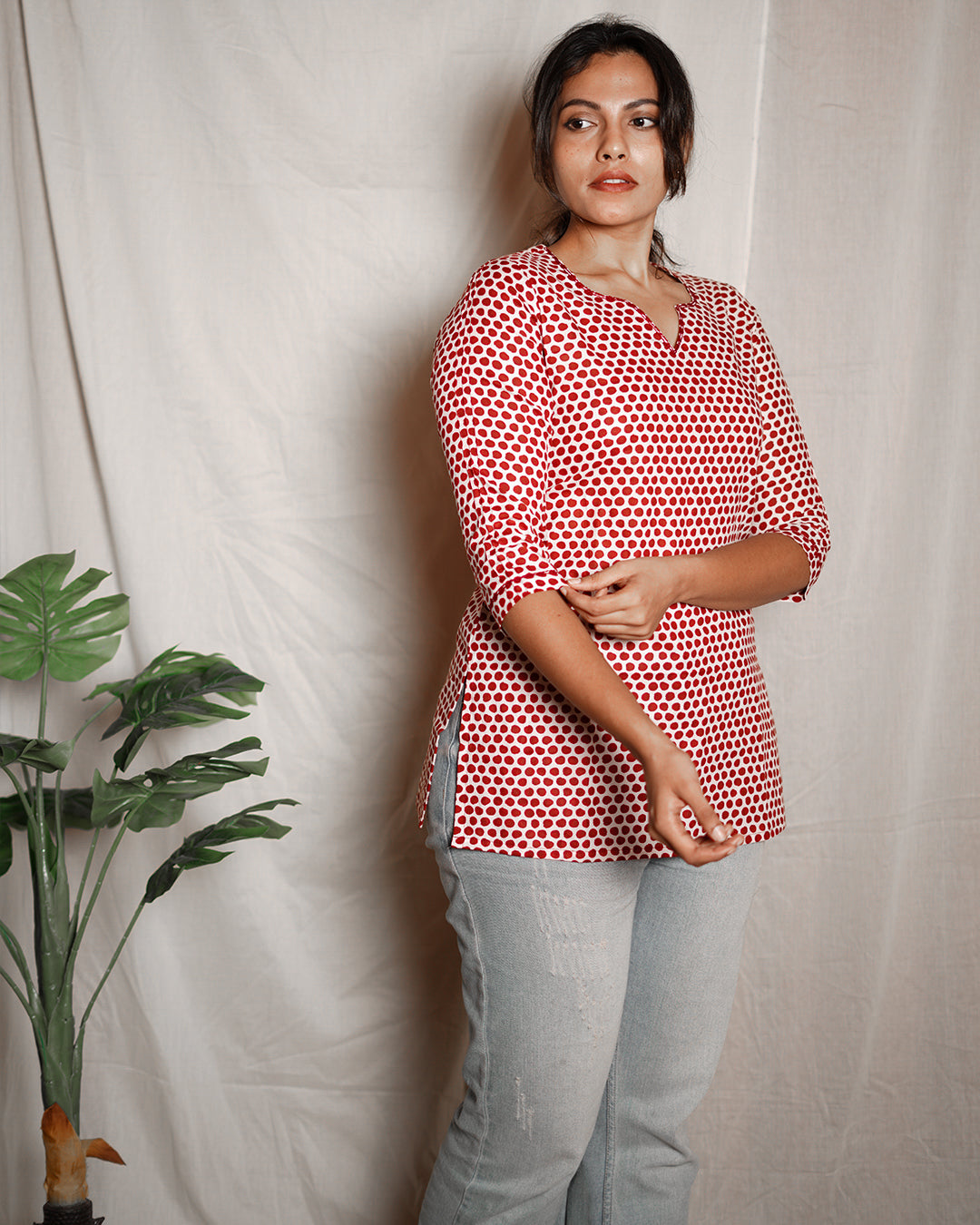 Red Polka Printed Short Kurta