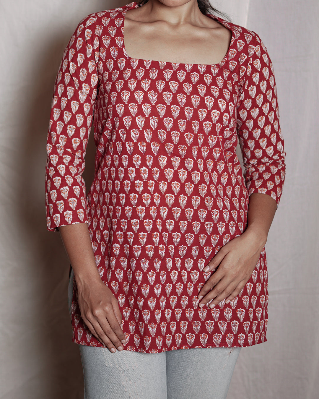 Red Handblock Printed Short Kurta