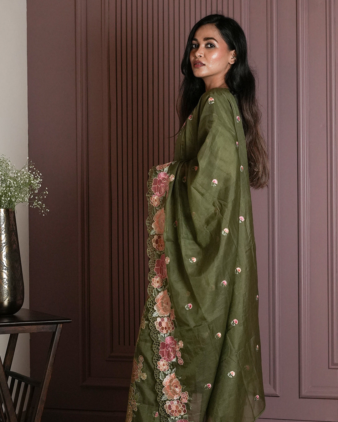 Olive Green Floral Embroidered Suit Set