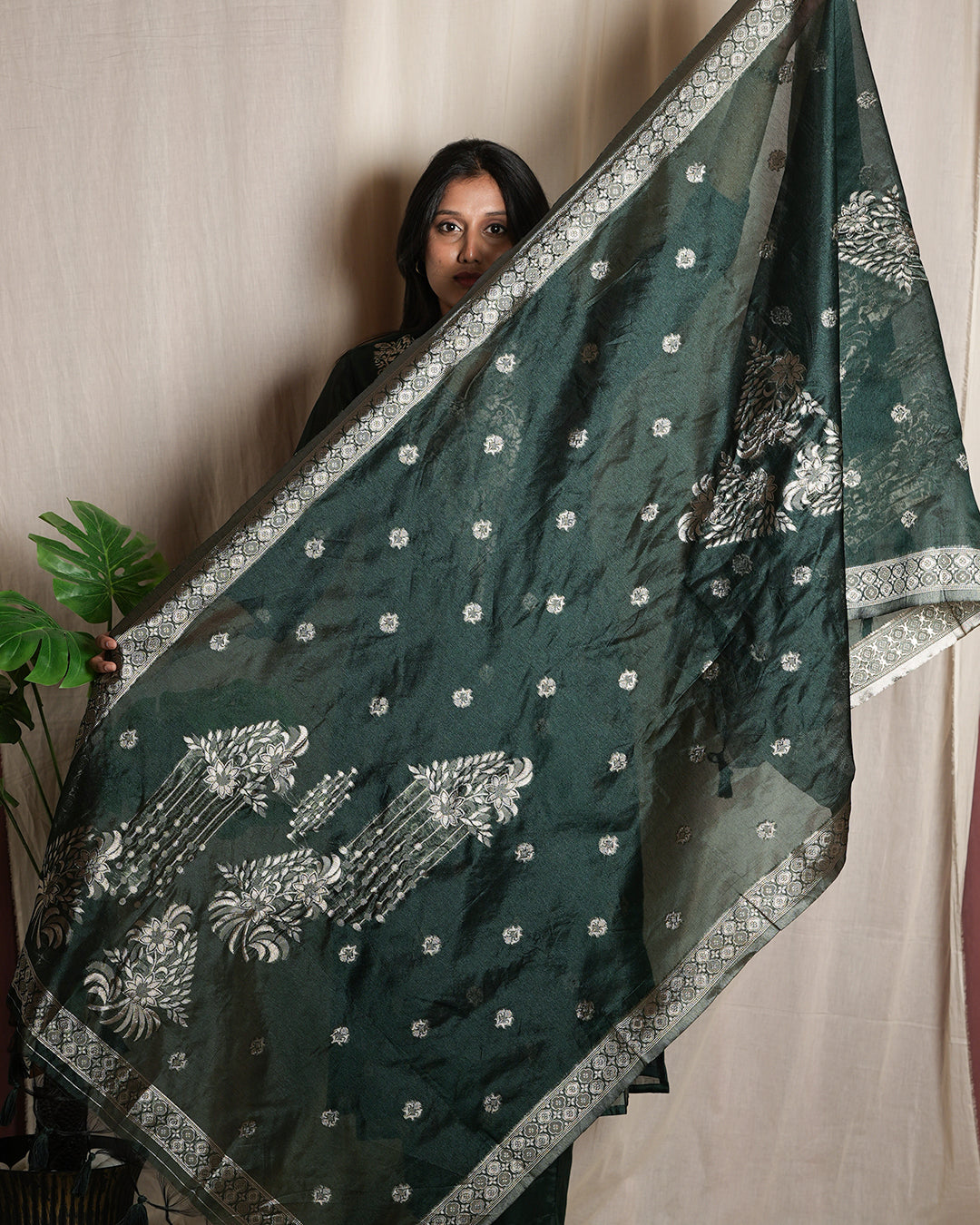 Rolaye Green Handblock-Style Printed Banaras chanderi set
