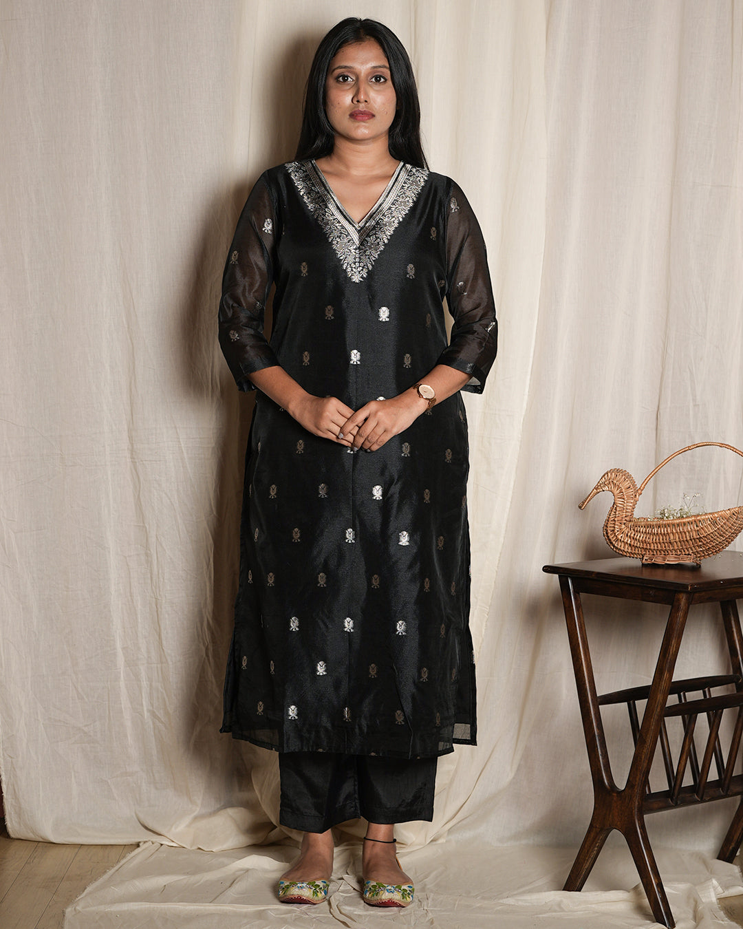 Black Handblock-Style Printed Banaras chanderi set