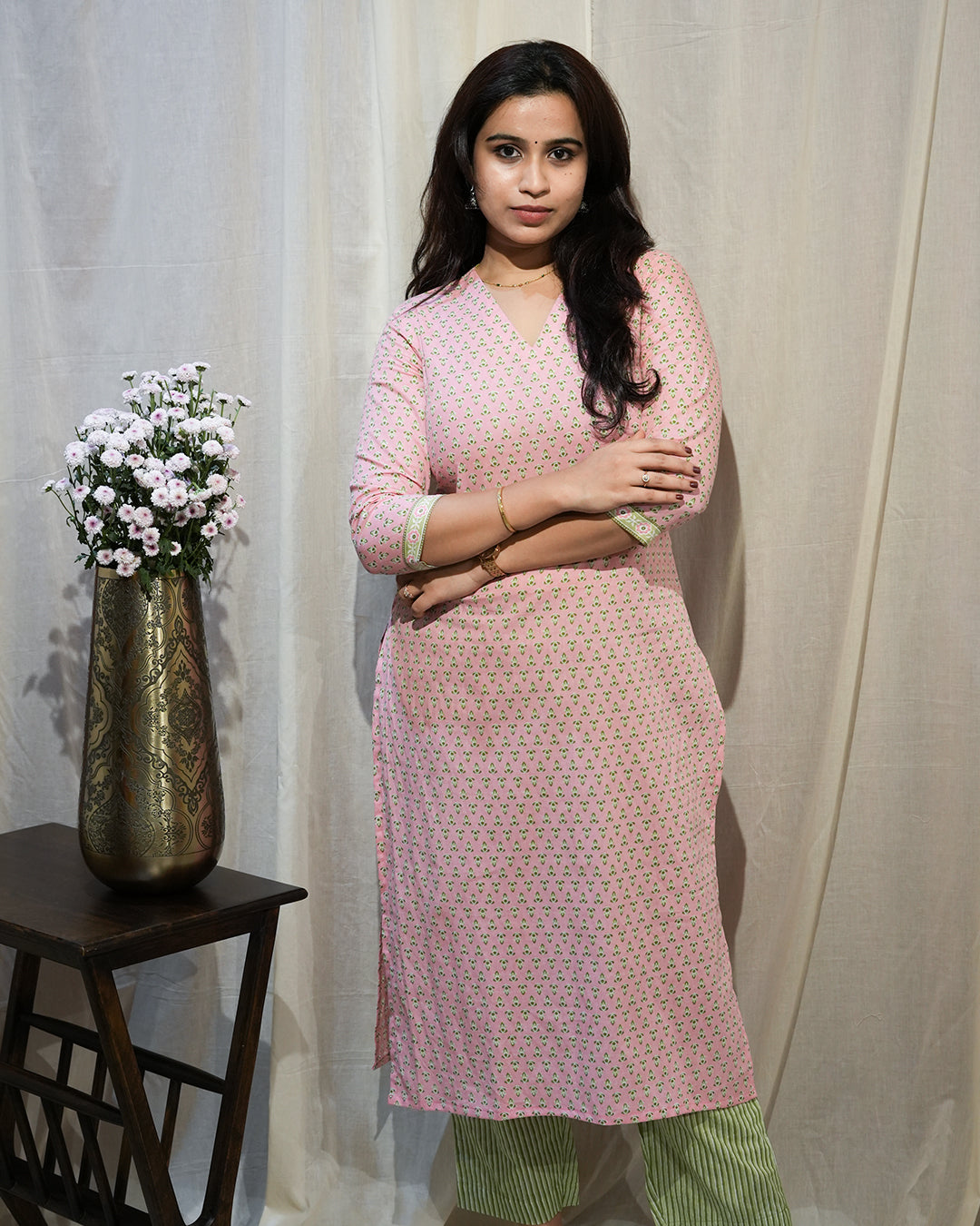 Light Pink & Green Printed Cotton Suit Set