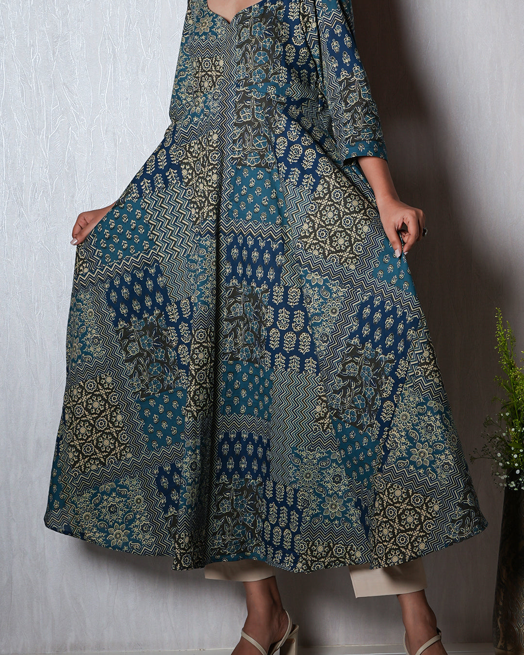 Indigo & Teal Flared Printed Kurta