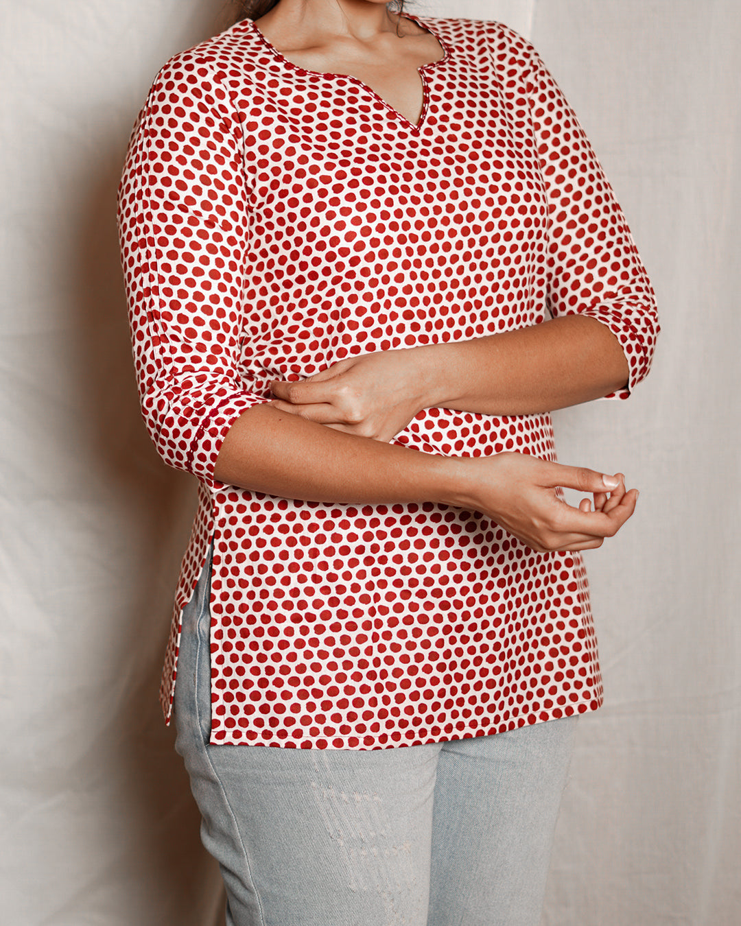 Red Polka Printed Short Kurta