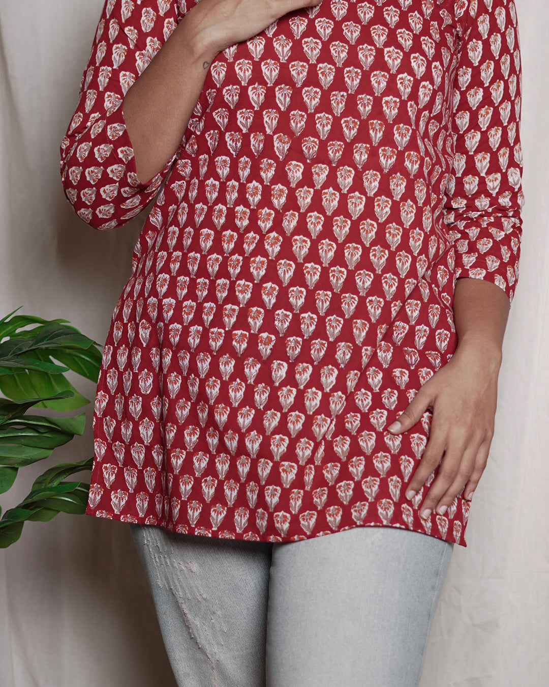 Red Handblock Printed Short Kurta