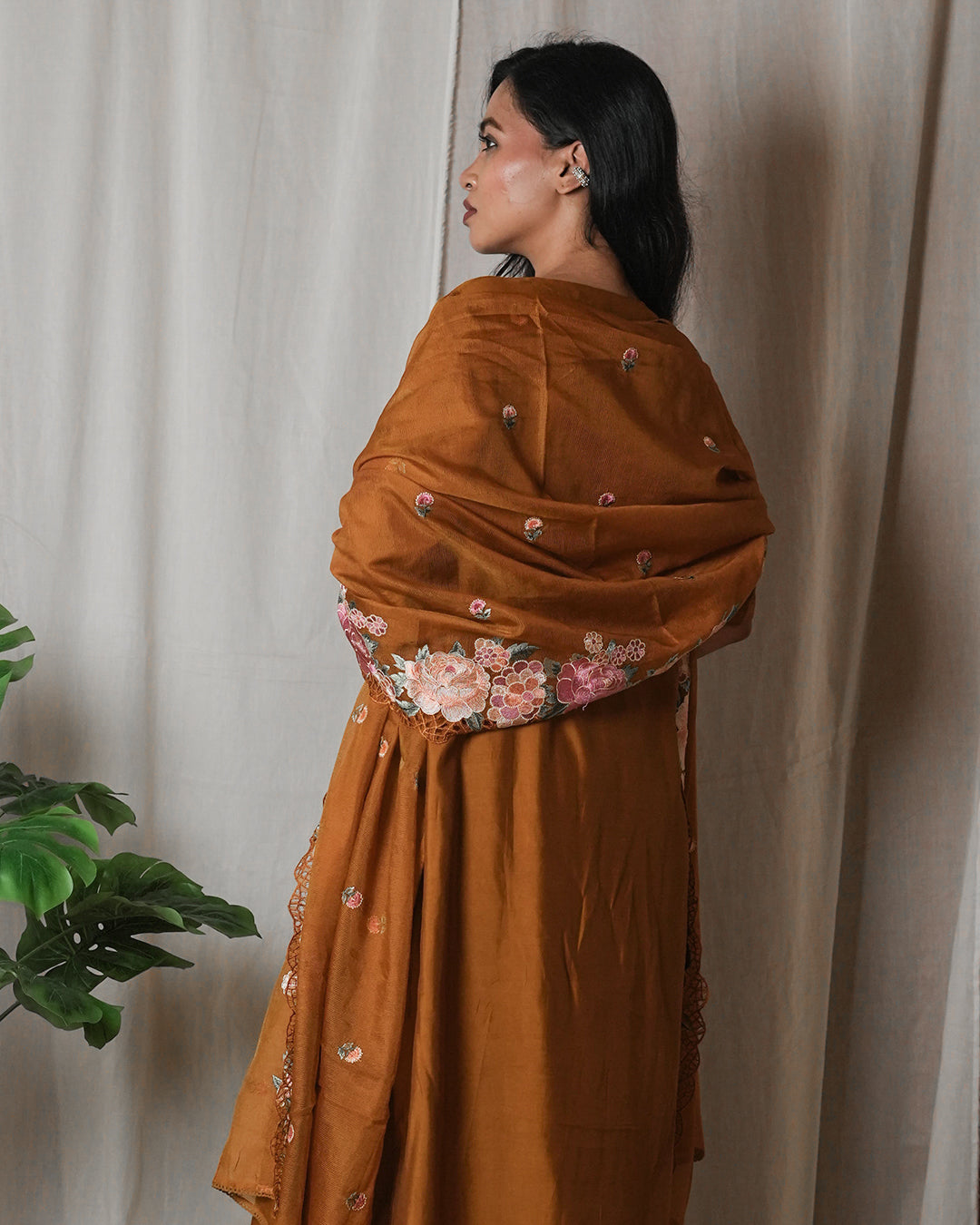 Rust Brown Floral-Embroidered Suit Set