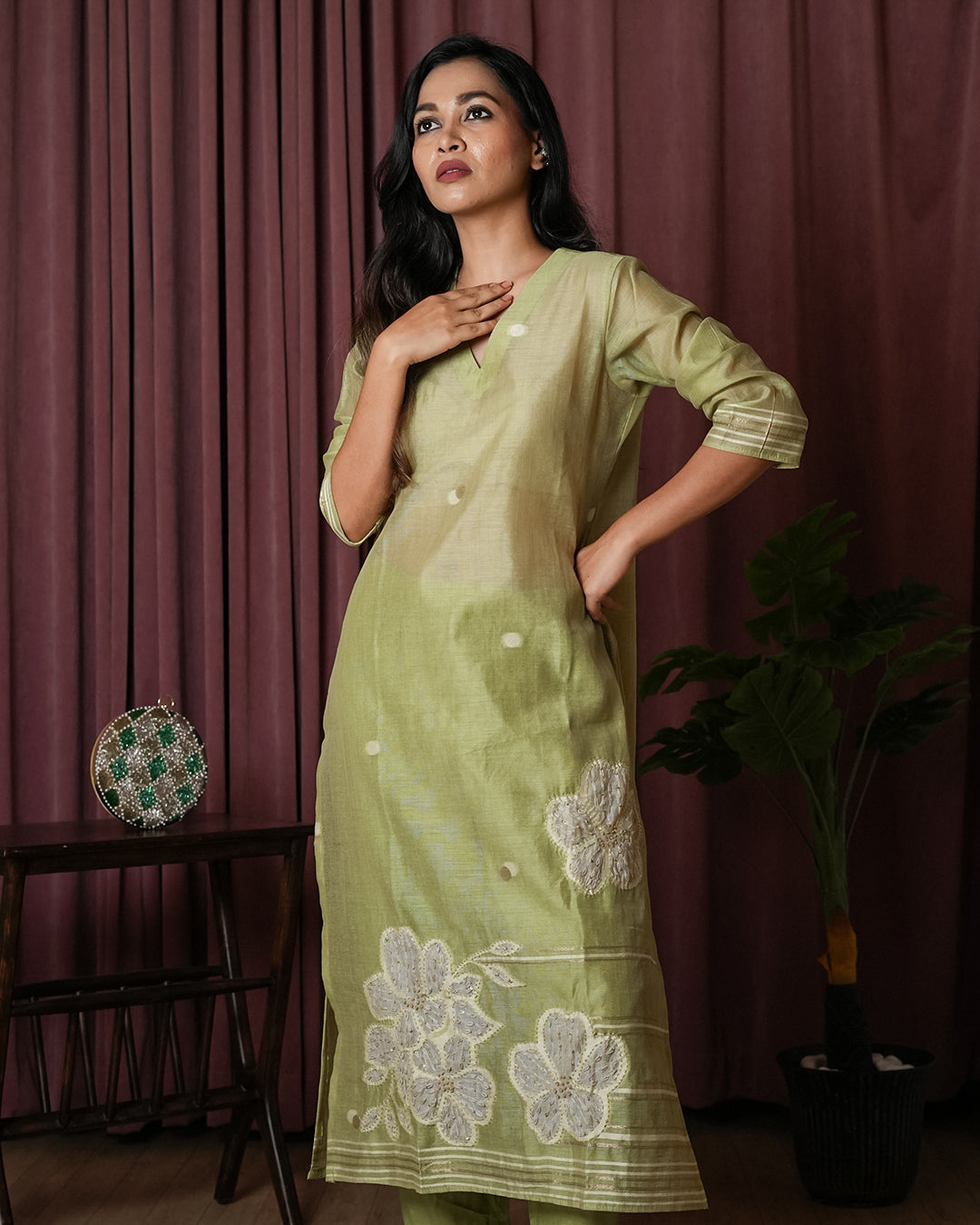 Olive Green Hand-Embroidered Suit Set