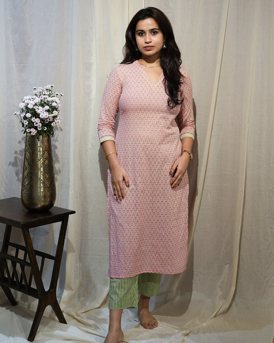 Light Pink & Green Printed Cotton Suit Set