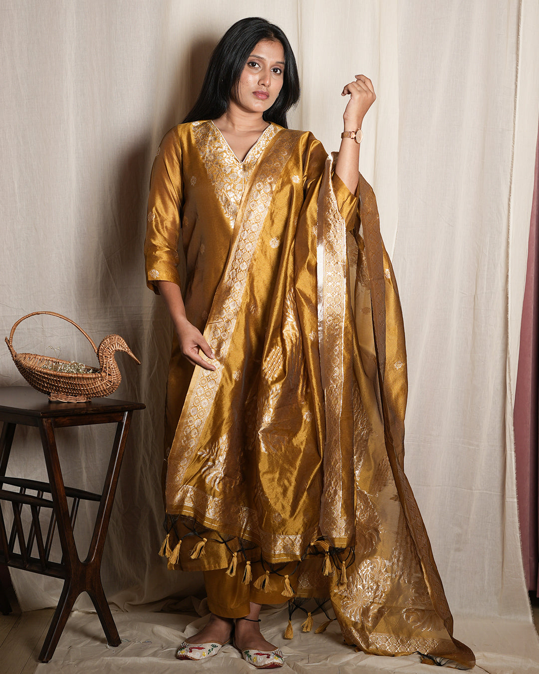 Mustard Gold Woven Ethnic Banaras chanderi Set