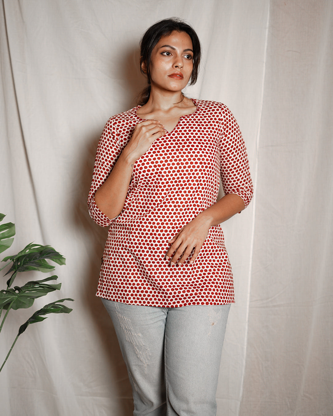 Red Polka Printed Short Kurta