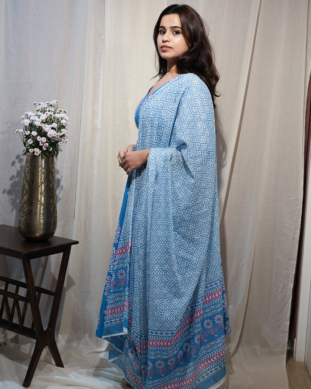Blue Floral Anarkali Kurta Set with Dupatta