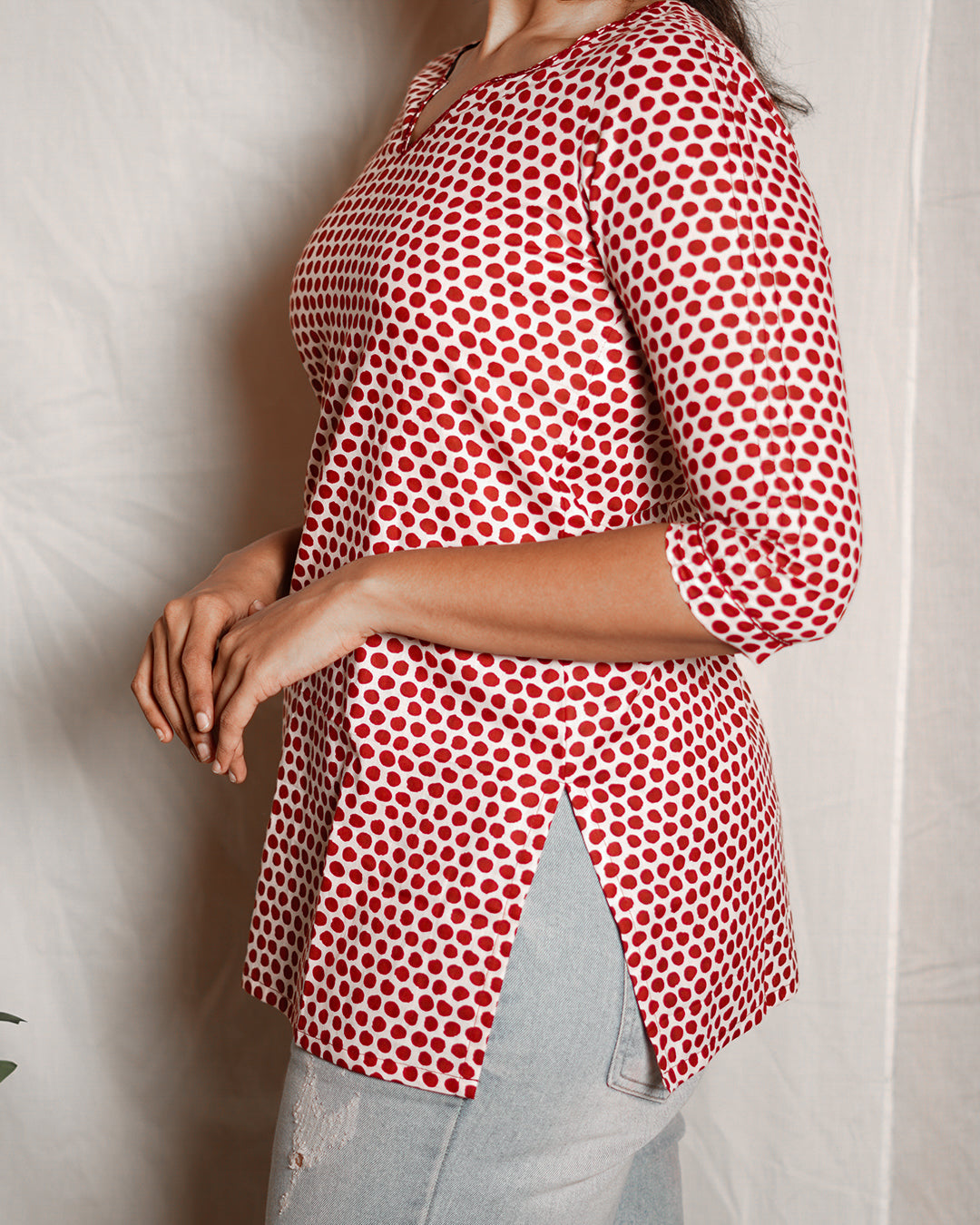 Red Polka Printed Short Kurta