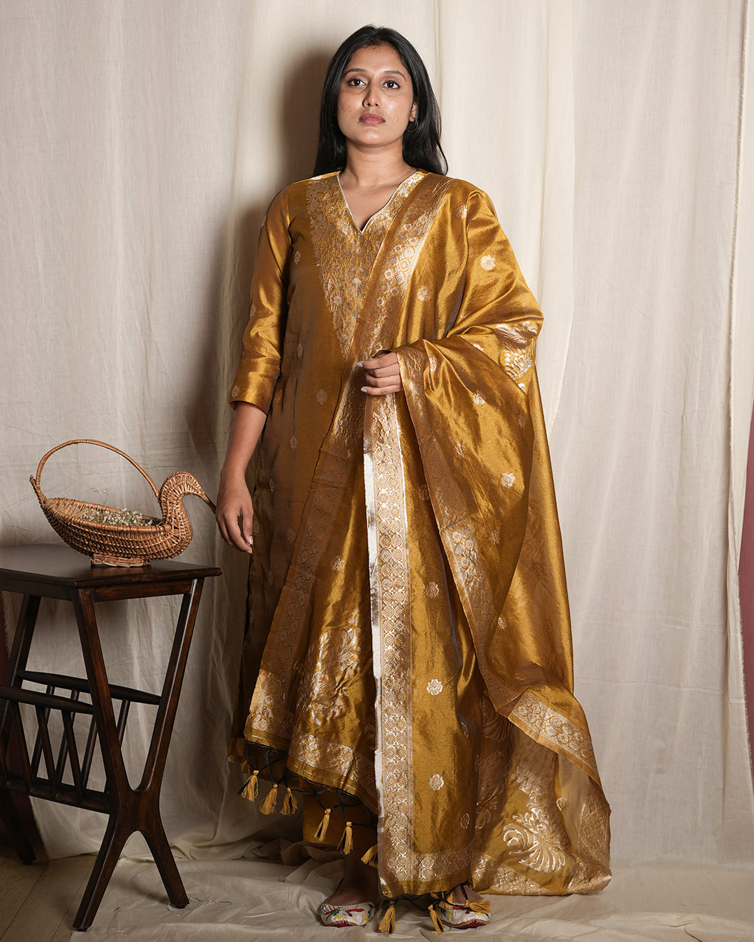 Mustard Gold Woven Ethnic Banaras chanderi Set