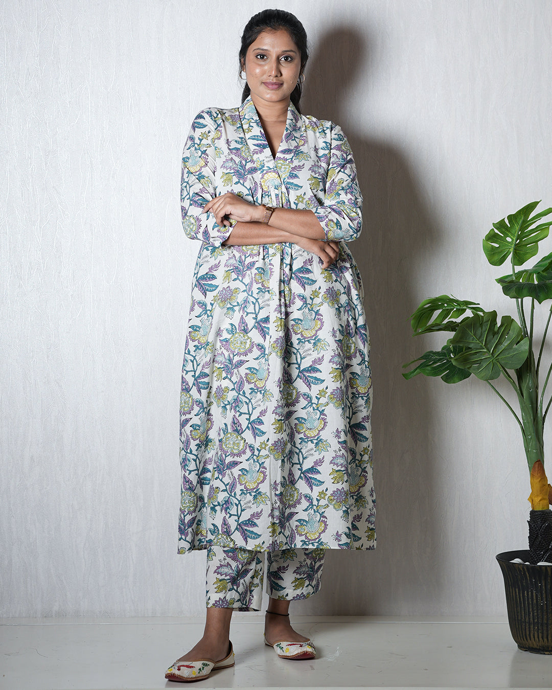 White Floral Hand block Kurta Set