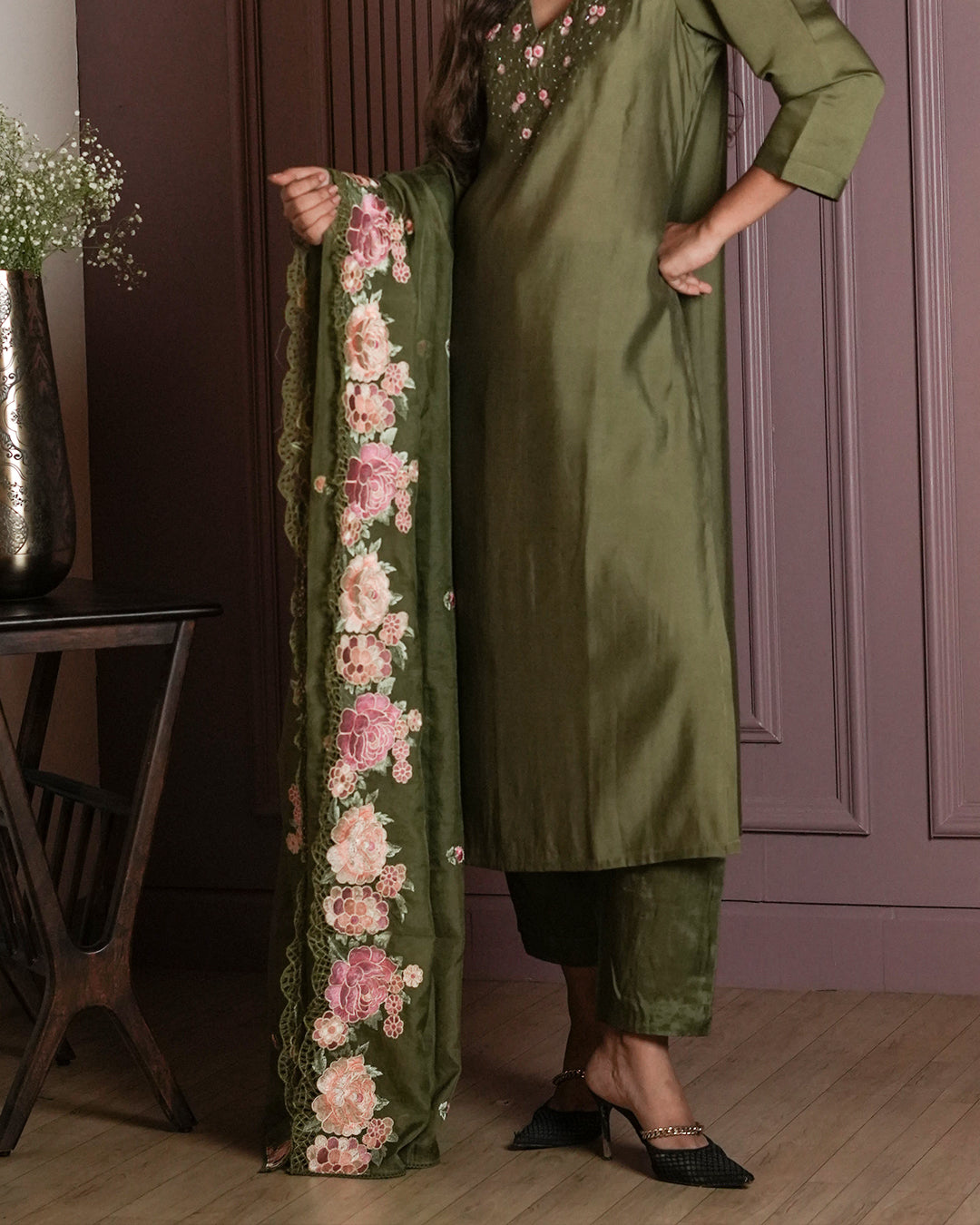 Olive Green Floral Embroidered Suit Set