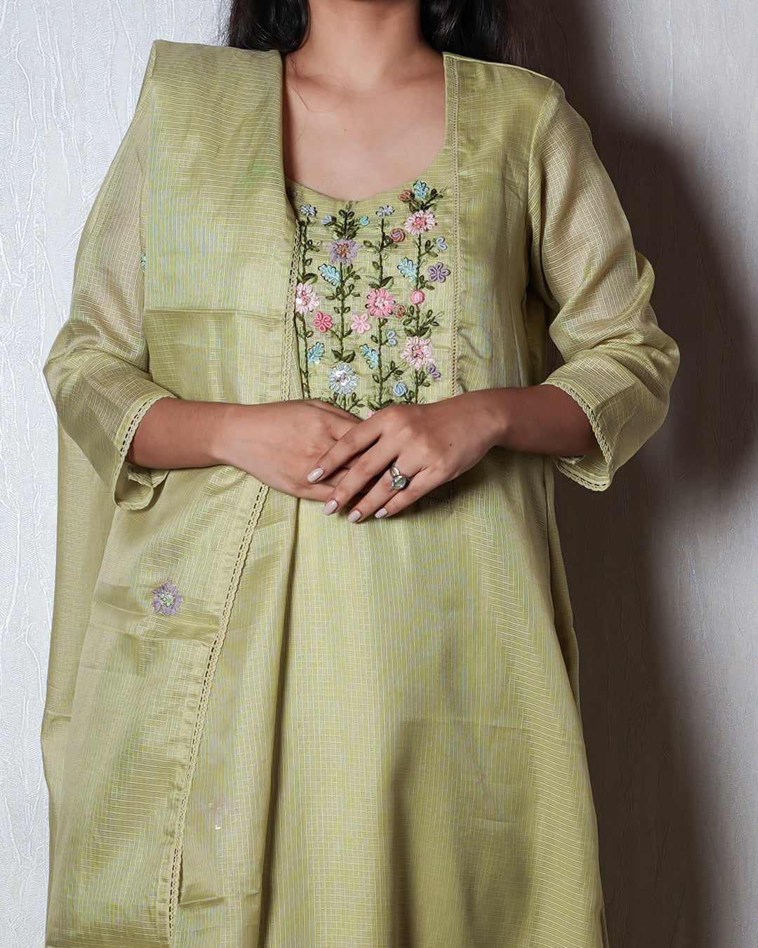 Light Pistachio Green Floral Yoke Suit Set