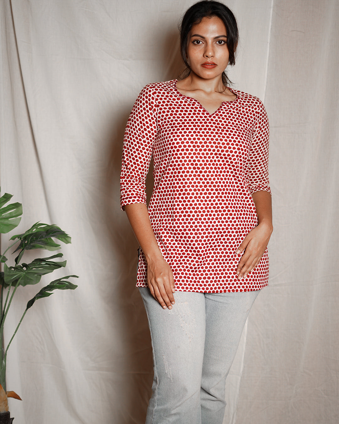 Red Polka Printed Short Kurta