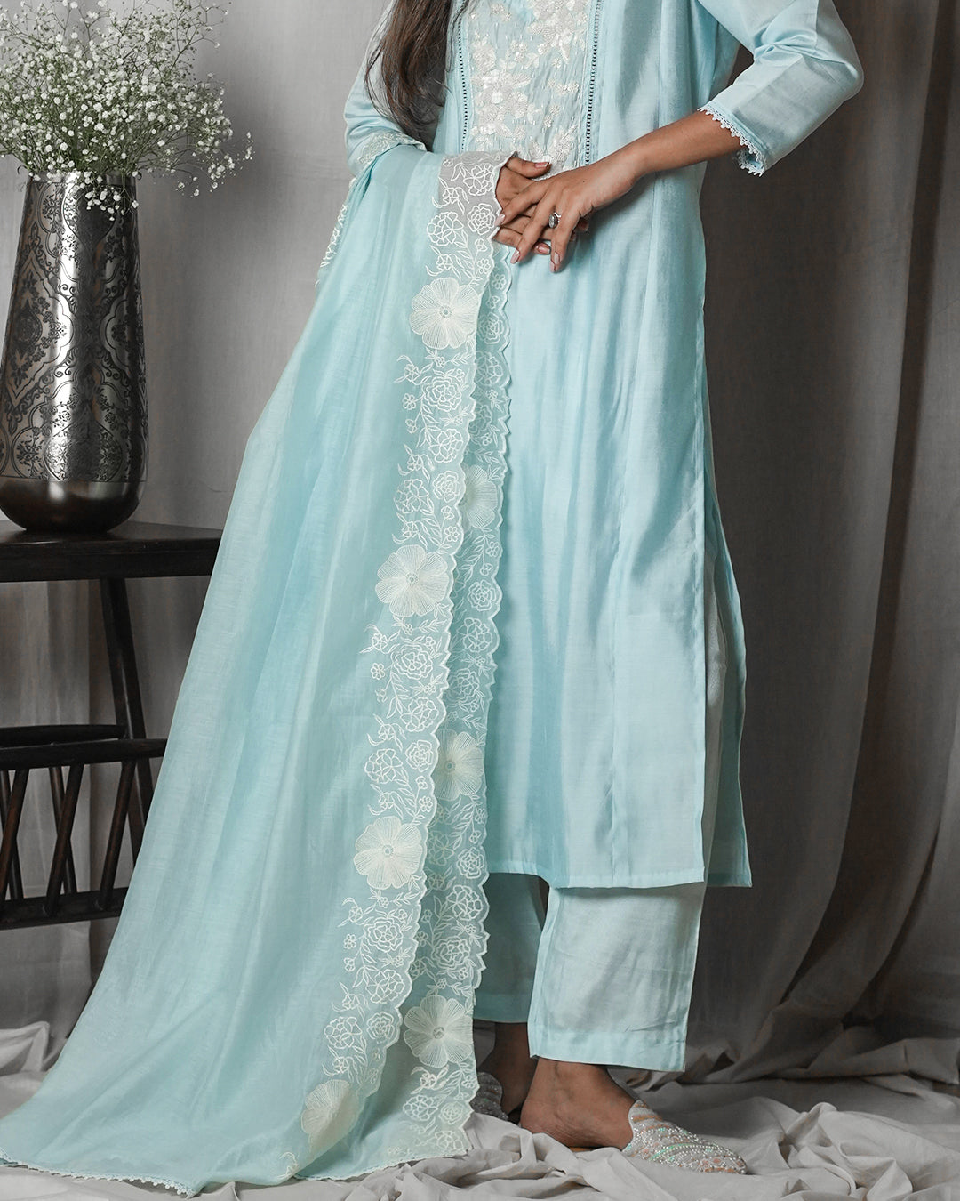 Powder Blue Chikankari-Style Suit Set
