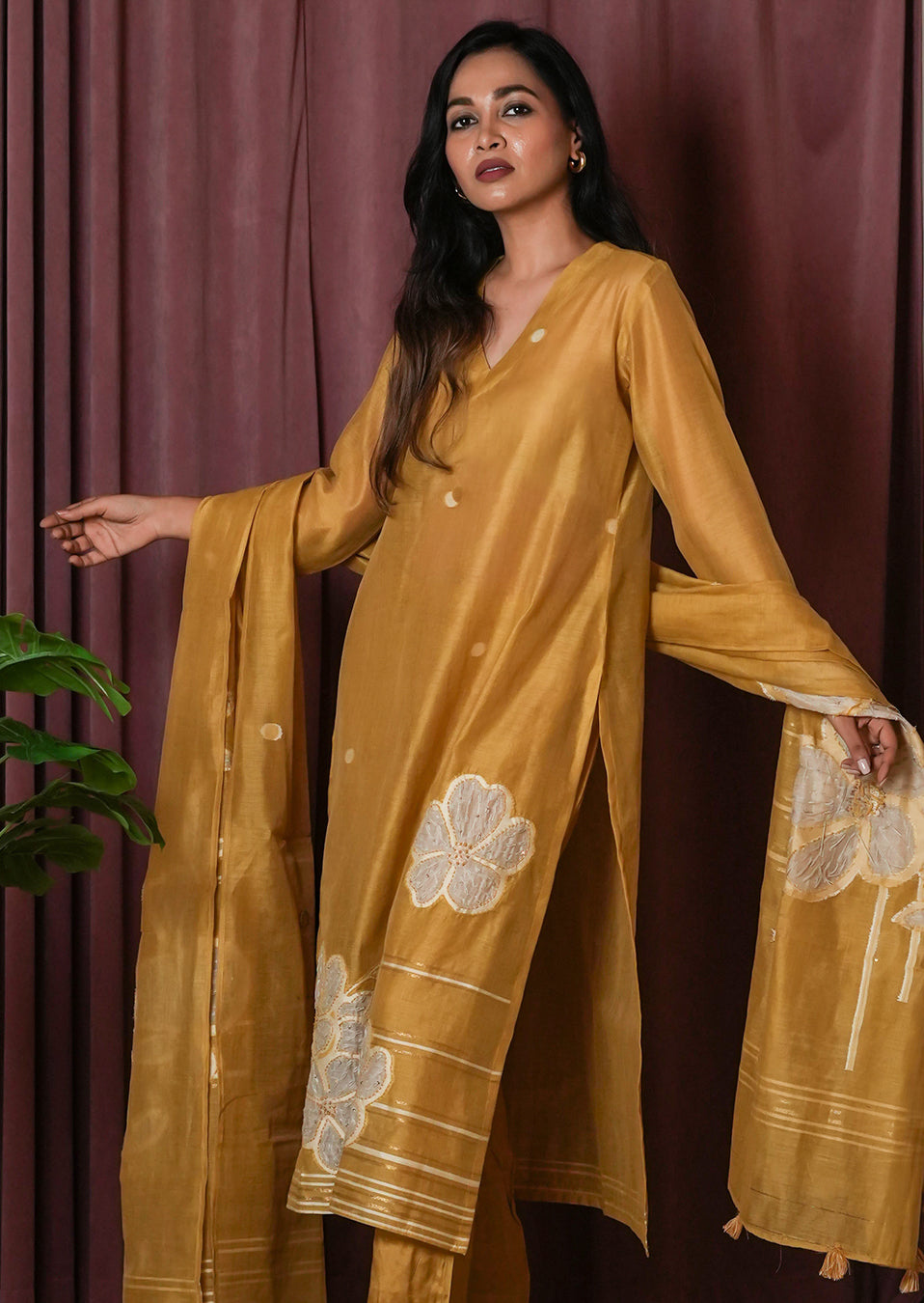 Mustard Yellow Thread-Embroidered Suit Set