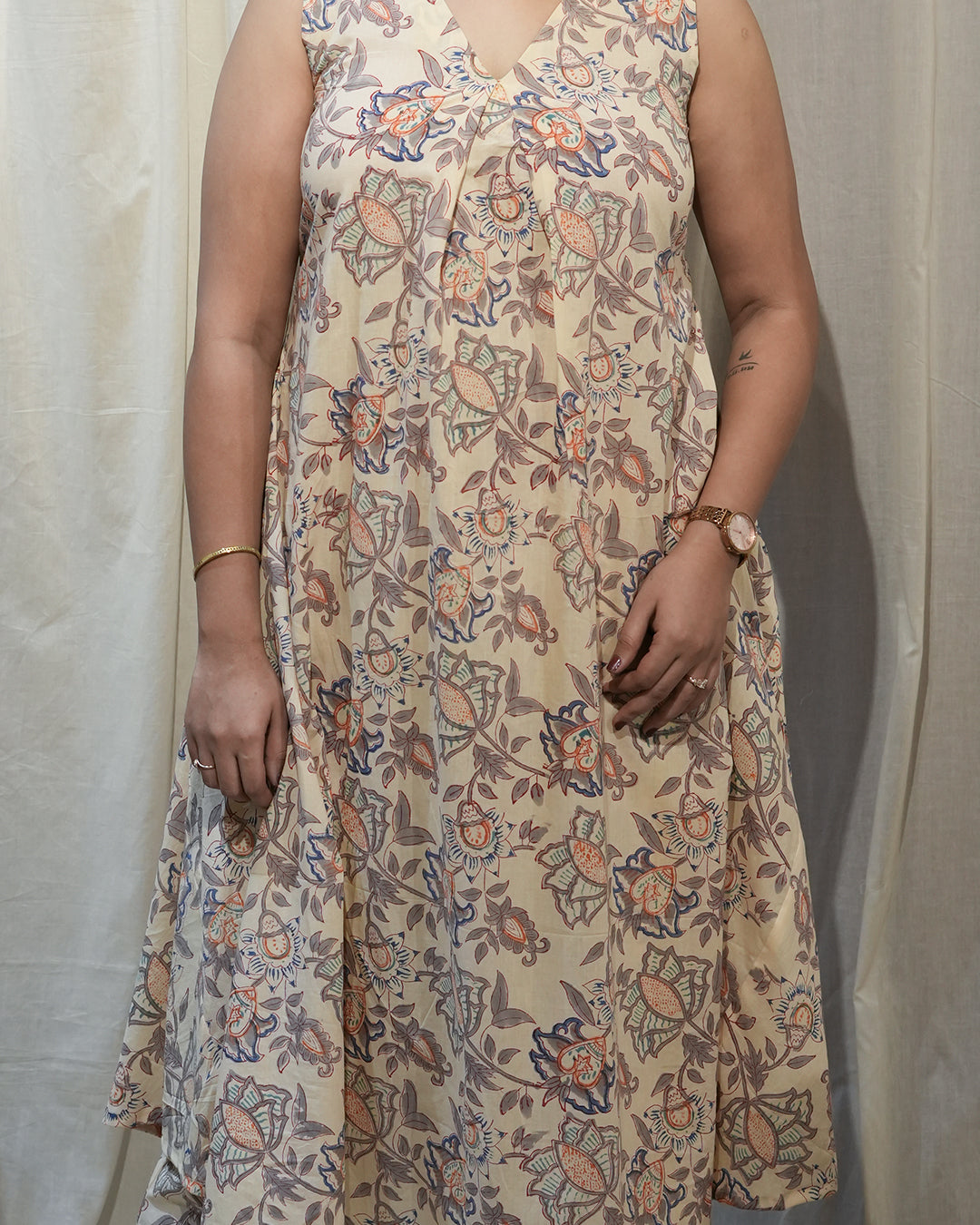 Beige Floral Sleeveless A-Line Kurta Set